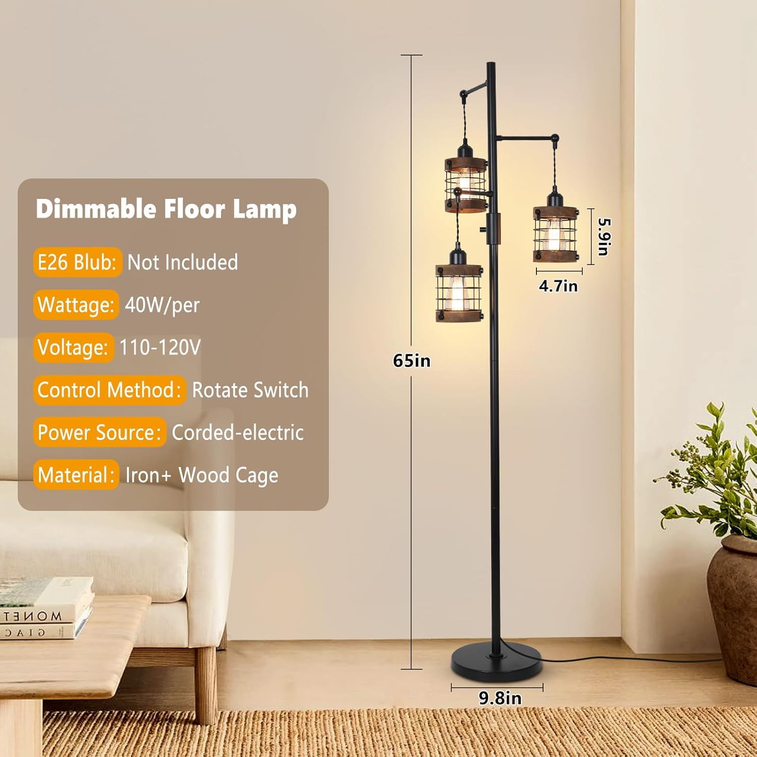 Airposta Dimmable Floor Lamps for Living Room, 3-Light Industrial Floor Lamp with Wood & Metal Cage - Image 2