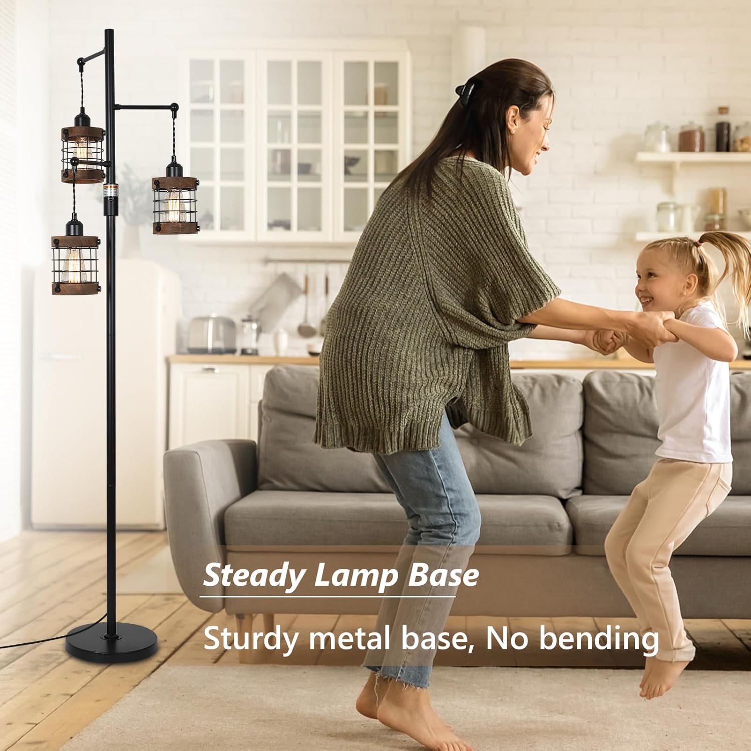 Airposta Dimmable Floor Lamps for Living Room, 3-Light Industrial Floor Lamp with Wood & Metal Cage - Image 3