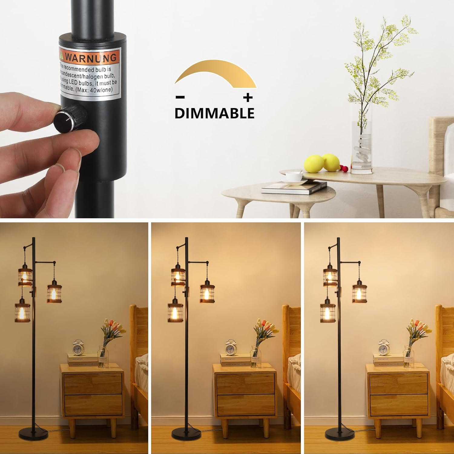 Airposta Dimmable Floor Lamps for Living Room, 3-Light Industrial Floor Lamp with Wood & Metal Cage - Image 4