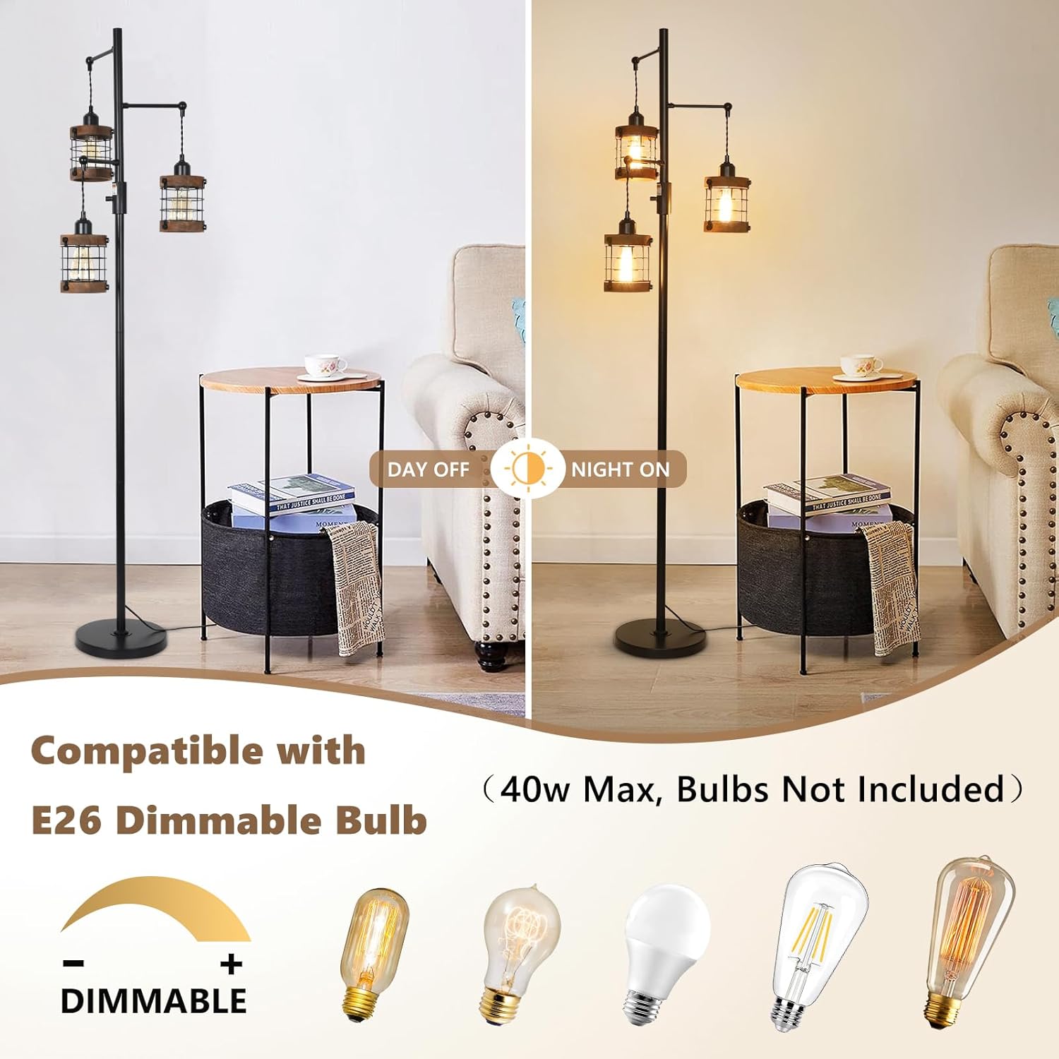 Airposta Dimmable Floor Lamps for Living Room, 3-Light Industrial Floor Lamp with Wood & Metal Cage - Image 5