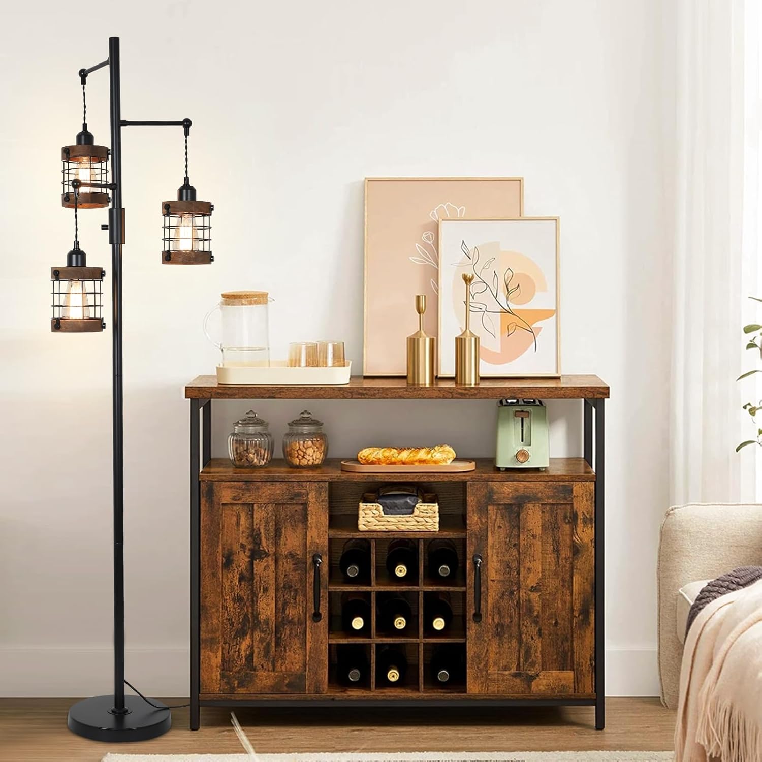 Airposta Dimmable Floor Lamps for Living Room, 3-Light Industrial Floor Lamp with Wood & Metal Cage - Image 6