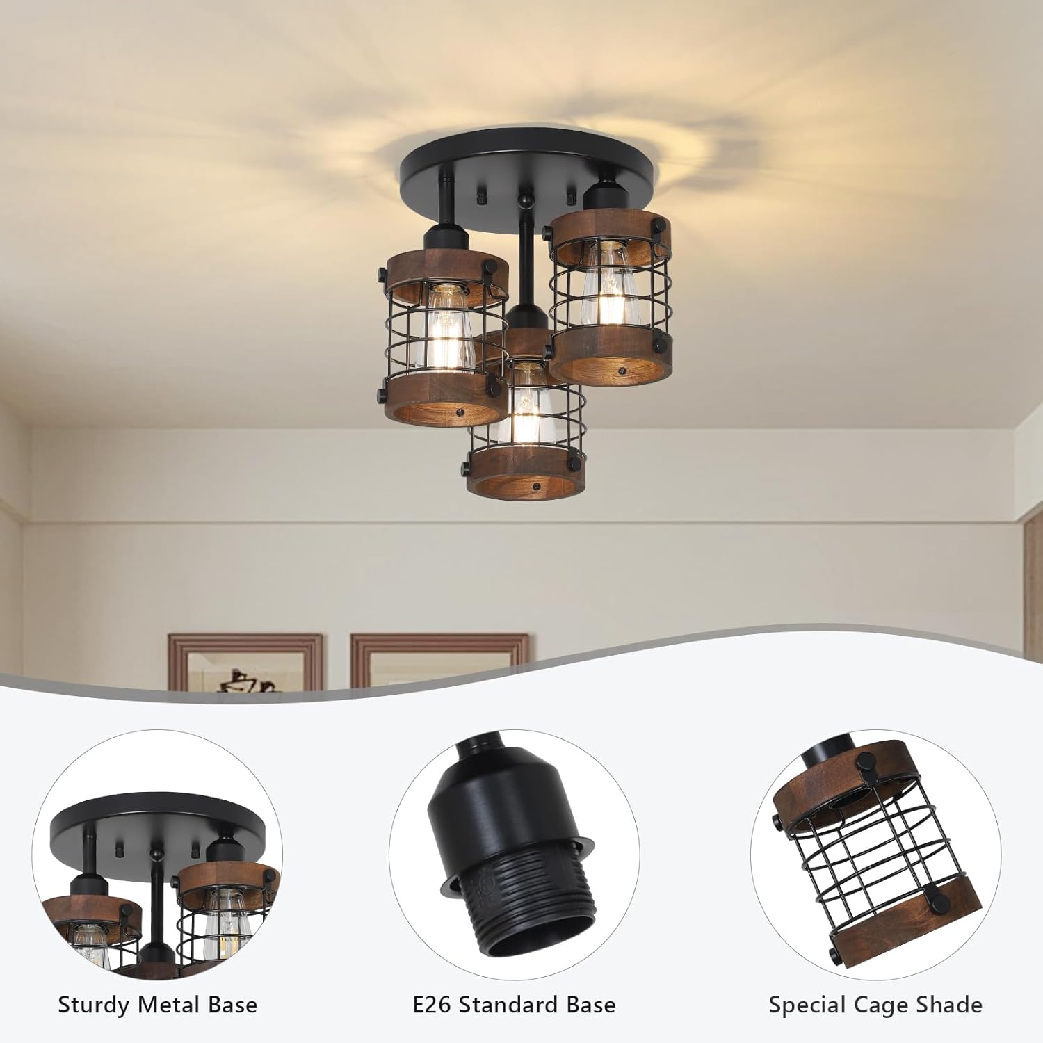 Semi Flush Mount Ceiling Light,3-Light Farmhouse Chandelier Light Fixtures Ceiling Mount - Image 3