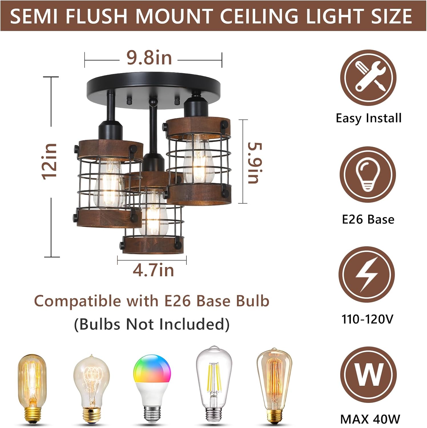 Semi Flush Mount Ceiling Light,3-Light Farmhouse Chandelier Light Fixtures Ceiling Mount - Image 2