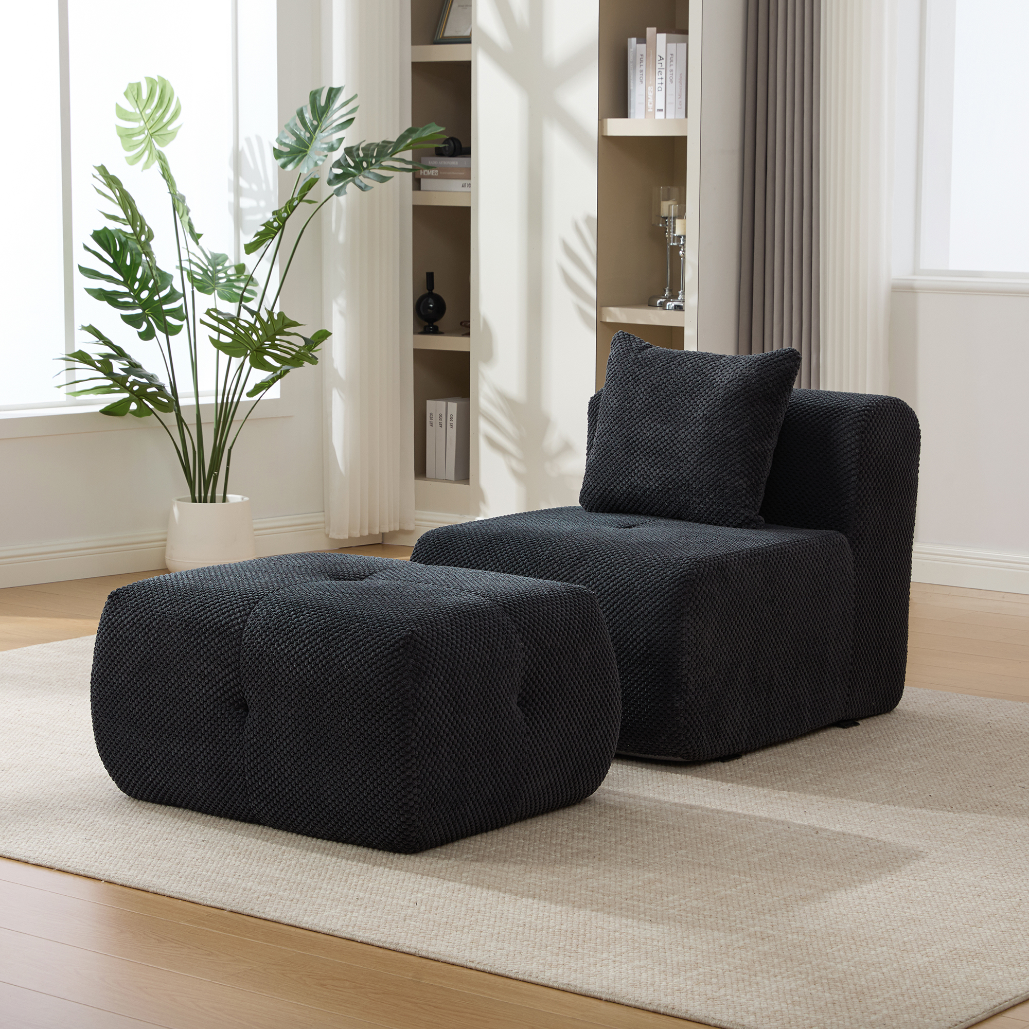 31″ Modular Cloud Armless Accent Chair with Ottoman Set, Modern Boneless Deep Seat Single Sofa Soft Lounger with Footstool Throw Pillow for Living Room, Bedroom, Dorms, No Assembly Required, Charcoal