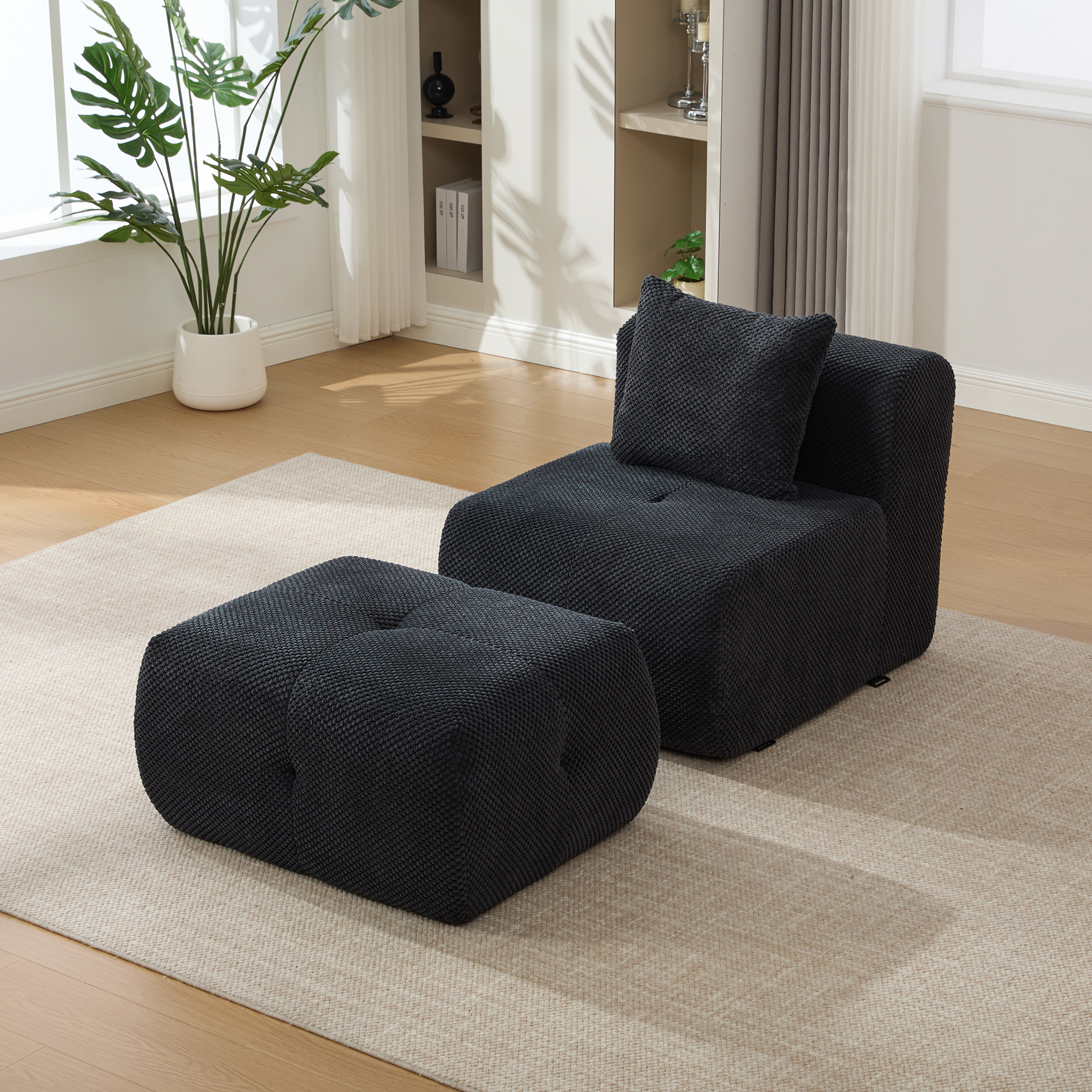 31" Modular Cloud Armless Accent Chair with Ottoman Set, Modern Boneless Deep Seat Single Sofa Soft Lounger with Footstool Throw Pillow for Living Room, Bedroom, Dorms, No Assembly Required, Charcoal - Image 2