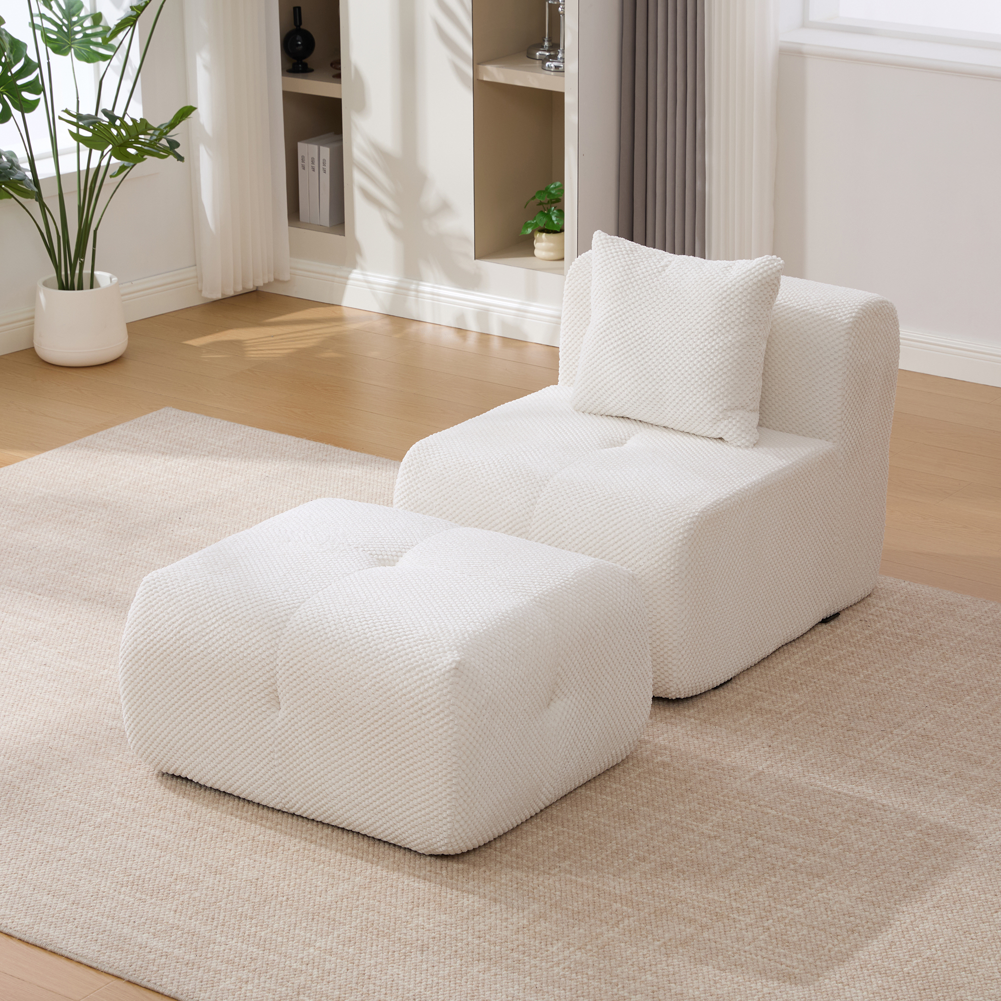 31" Modular Cloud Armless Accent Chair with Ottoman Set, Modern Boneless Deep Seat Single Sofa Soft Lounger with Footstool Throw Pillow for Living Room, Bedroom, Dorms, No Assembly Required, Ivory - Image 2