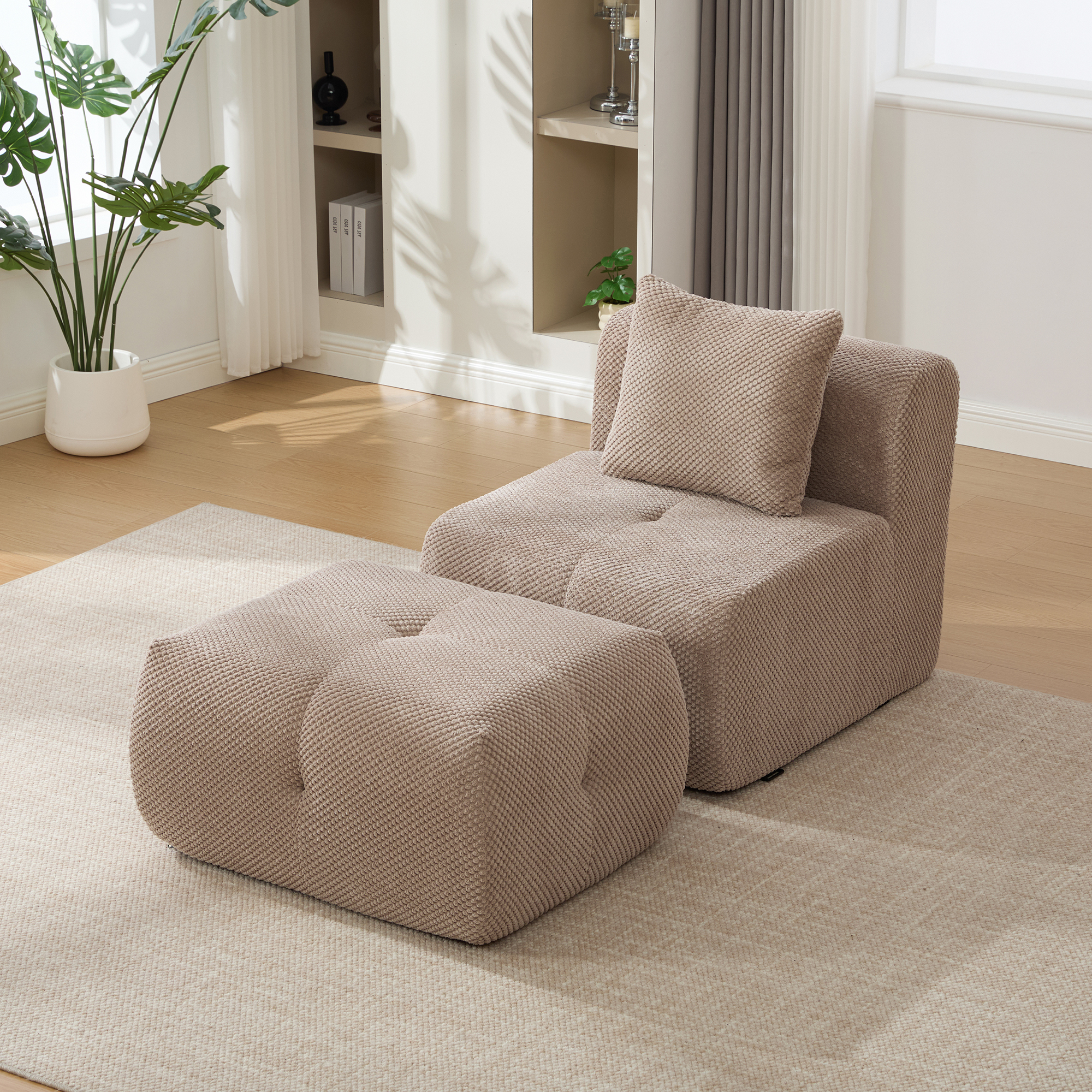 31" Modular Cloud Armless Accent Chair with Ottoman Set, Modern Boneless Deep Seat Single Sofa Soft Lounger with Footstool Throw Pillow for Living Room, Bedroom, Dorms, No Assembly Required, Taupe - Image 2