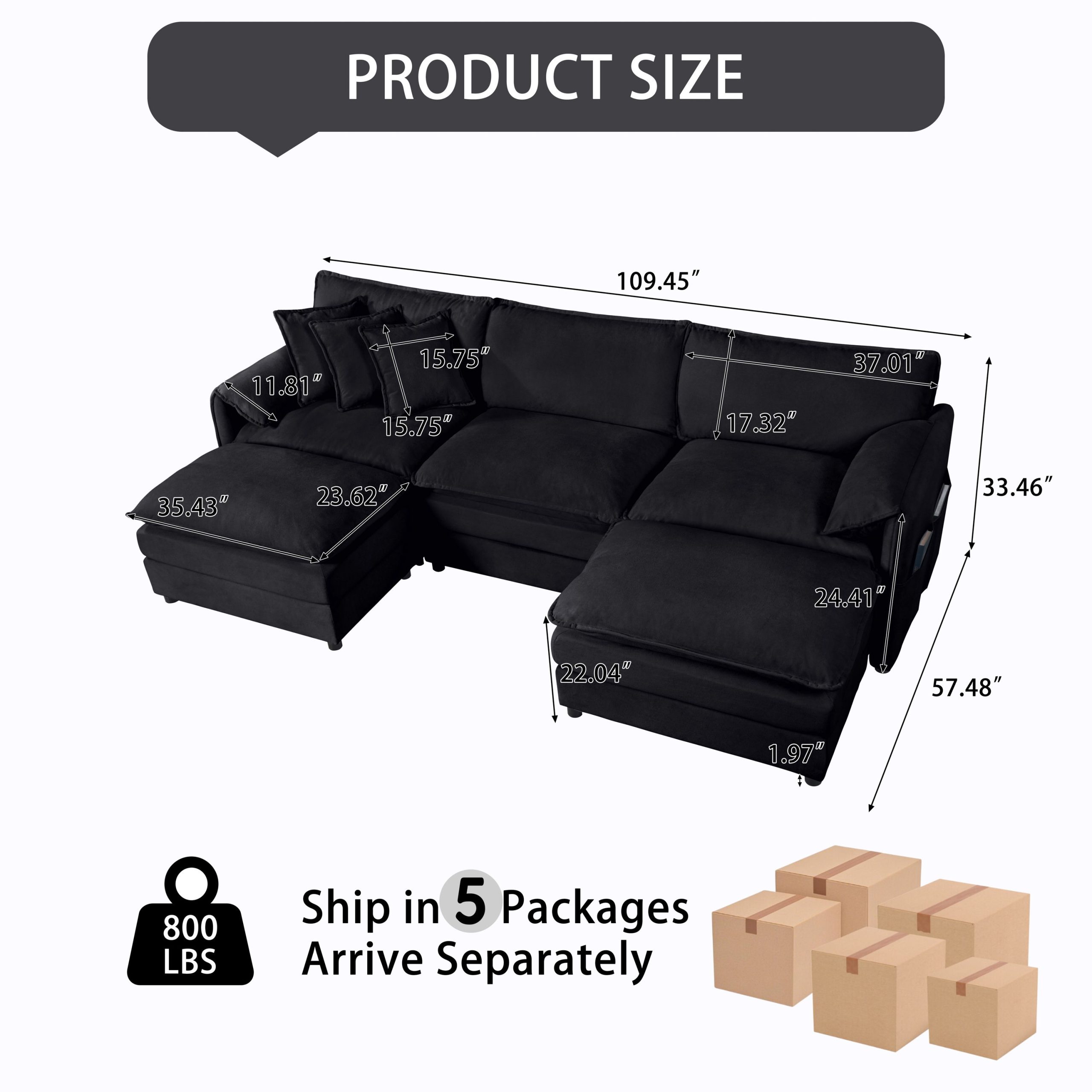 (Old:W3163S00024) Modular Sectional Sofa, Oversized Deep Seat U Shaped Couch Set for Living Room, 3-Seater Comfy Cloud Couches with 2 Movable Ottomans, DIY Combination, Chenille,Black - Image 2