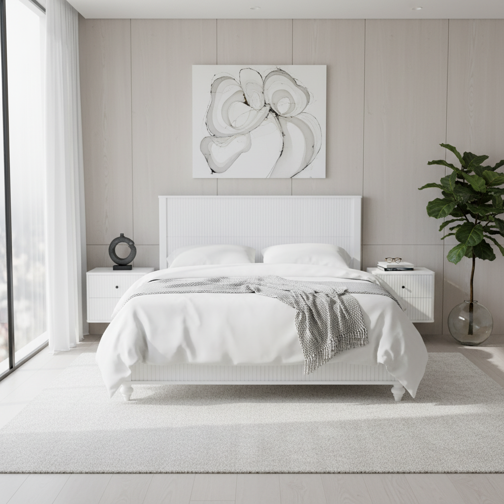 White Queen Size Bed Frame, Solid Wood & MDF, No Box Spring Needed, Classic Design with Grooved Panels