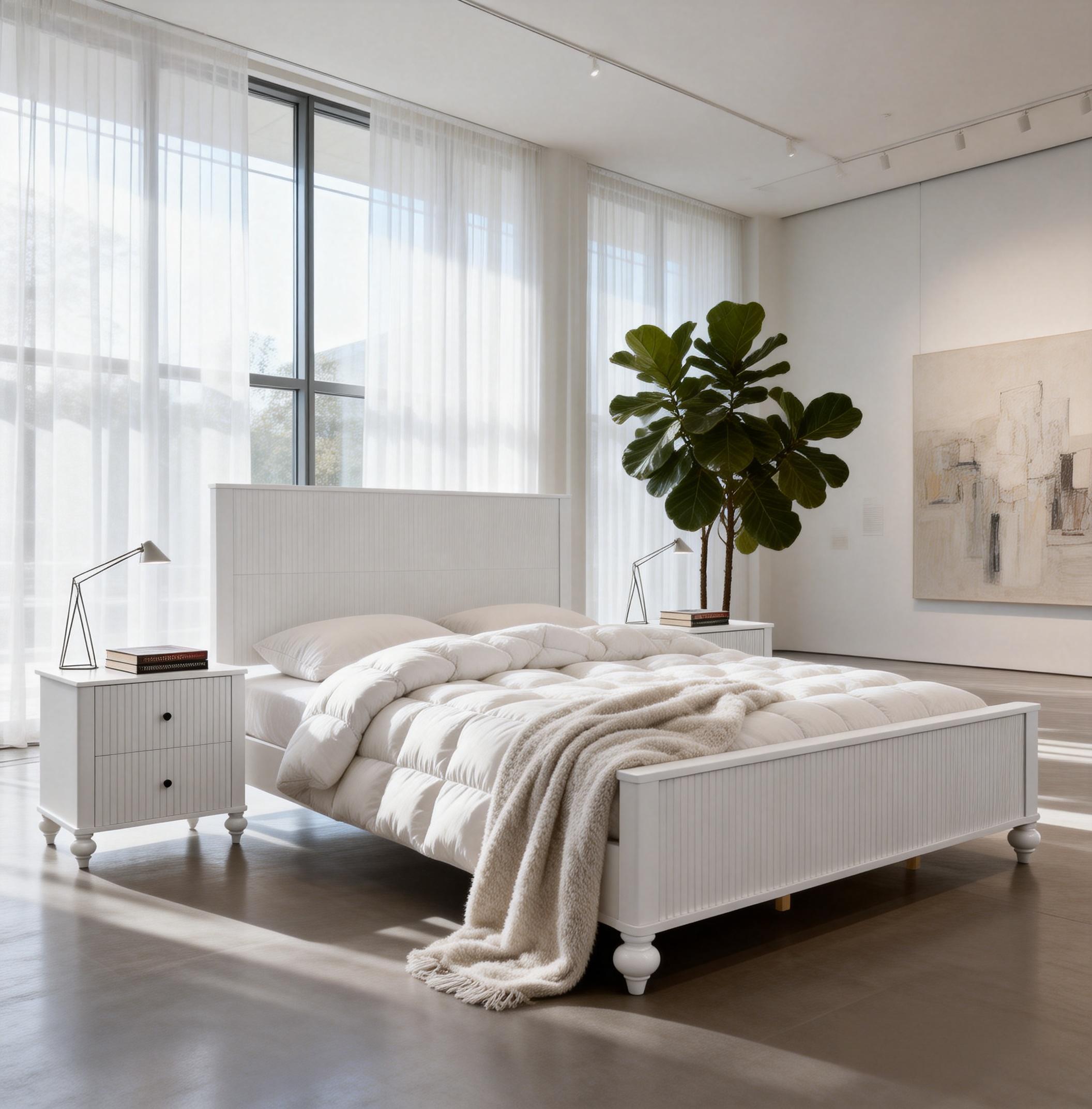 White Queen Size Bed Frame, Solid Wood & MDF, No Box Spring Needed, Classic Design with Grooved Panels - Image 2