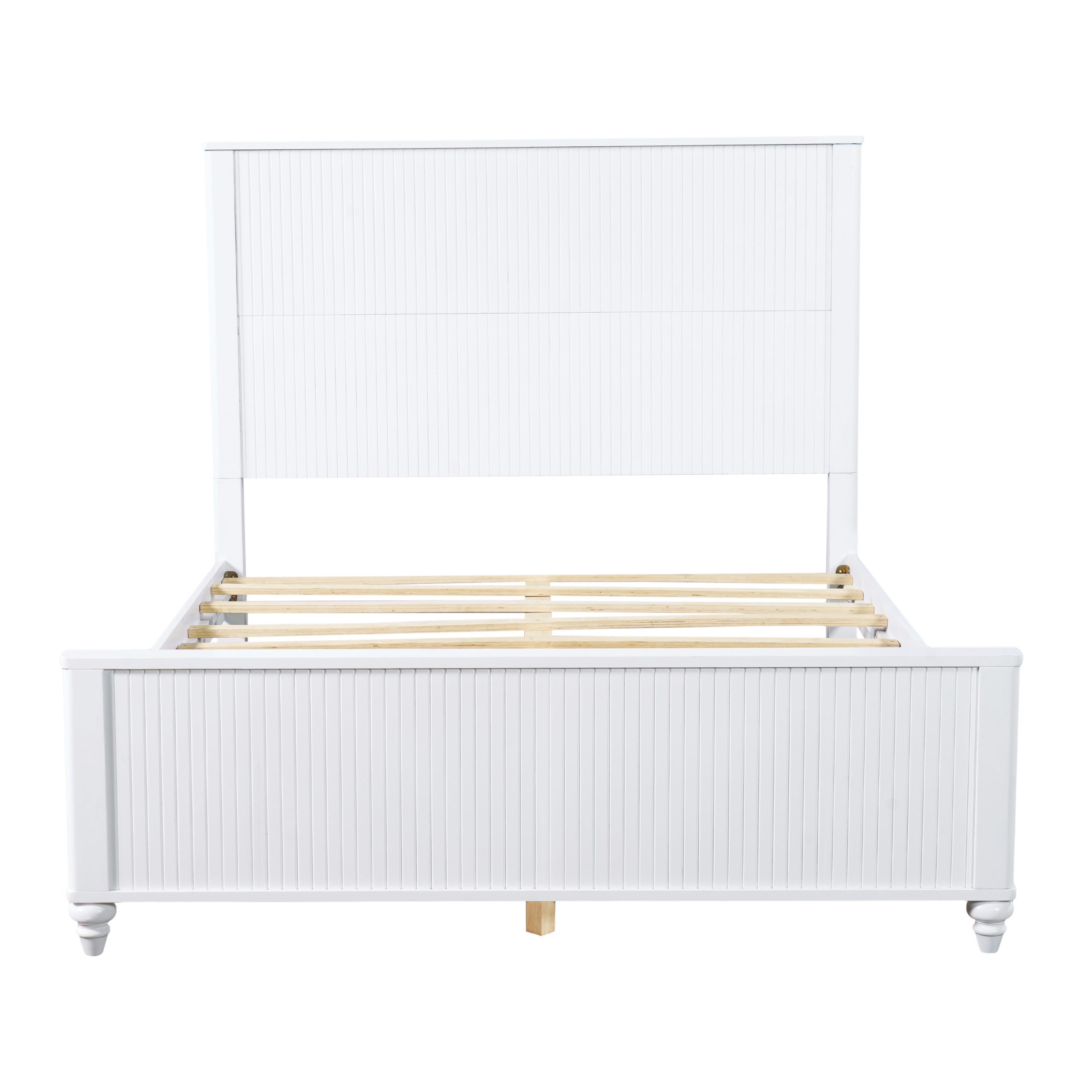 White Queen Size Bed Frame, Solid Wood & MDF, No Box Spring Needed, Classic Design with Grooved Panels - Image 3