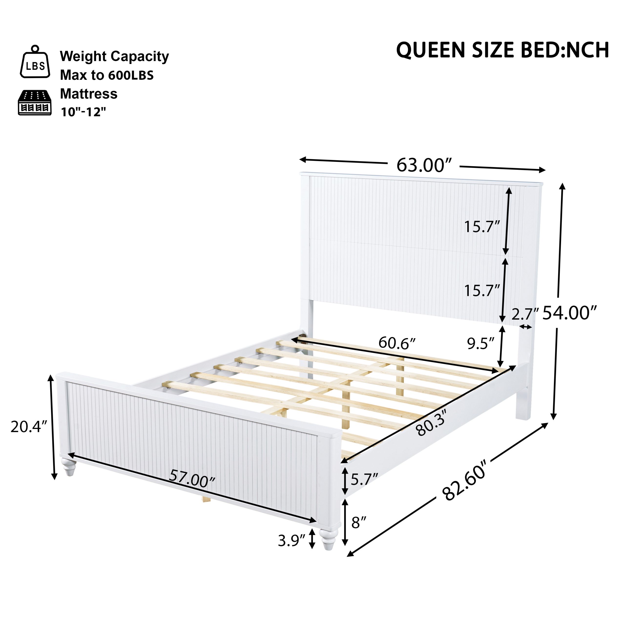 White Queen Size Bed Frame, Solid Wood & MDF, No Box Spring Needed, Classic Design with Grooved Panels - Image 4