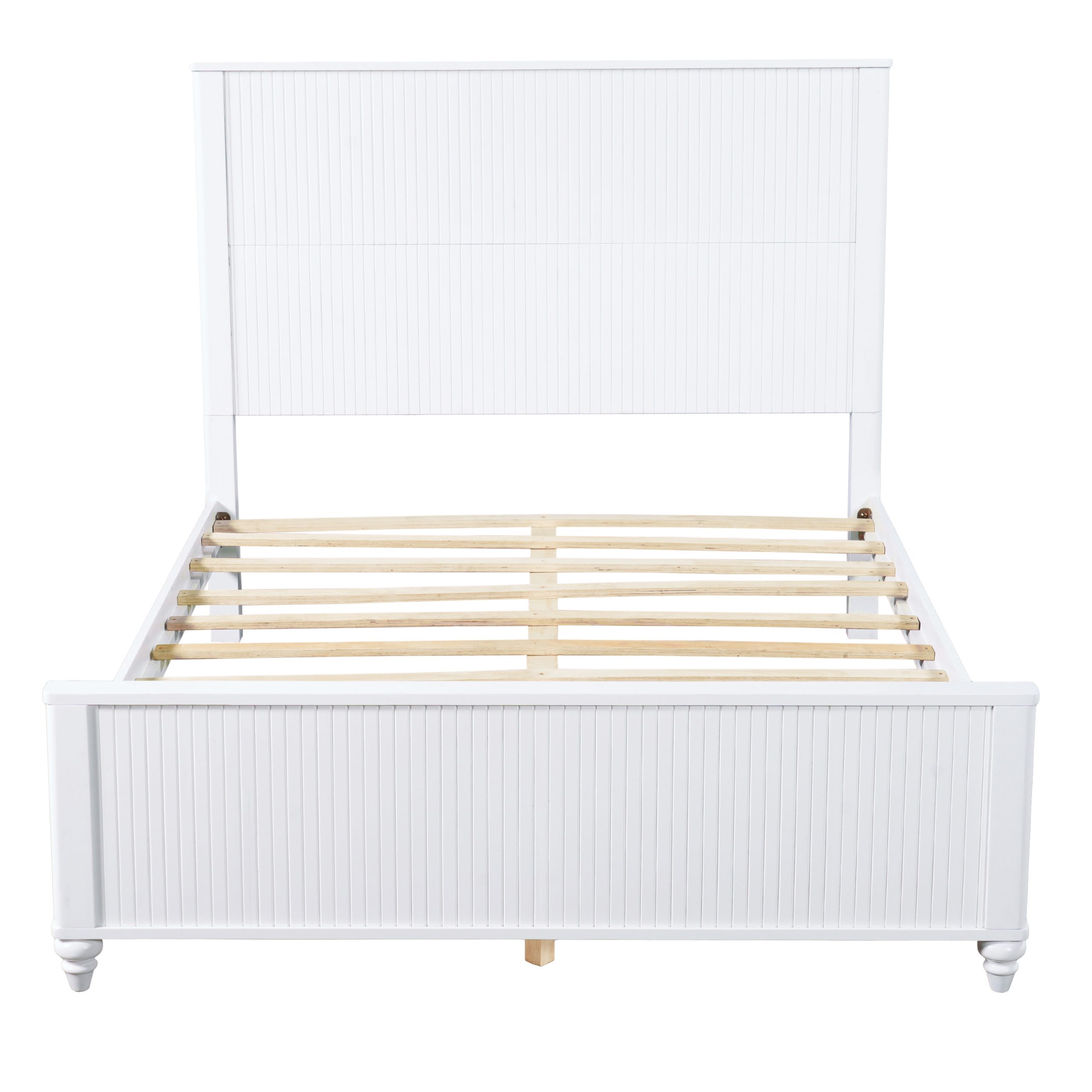 White Queen Size Bed Frame, Solid Wood & MDF, No Box Spring Needed, Classic Design with Grooved Panels - Image 5