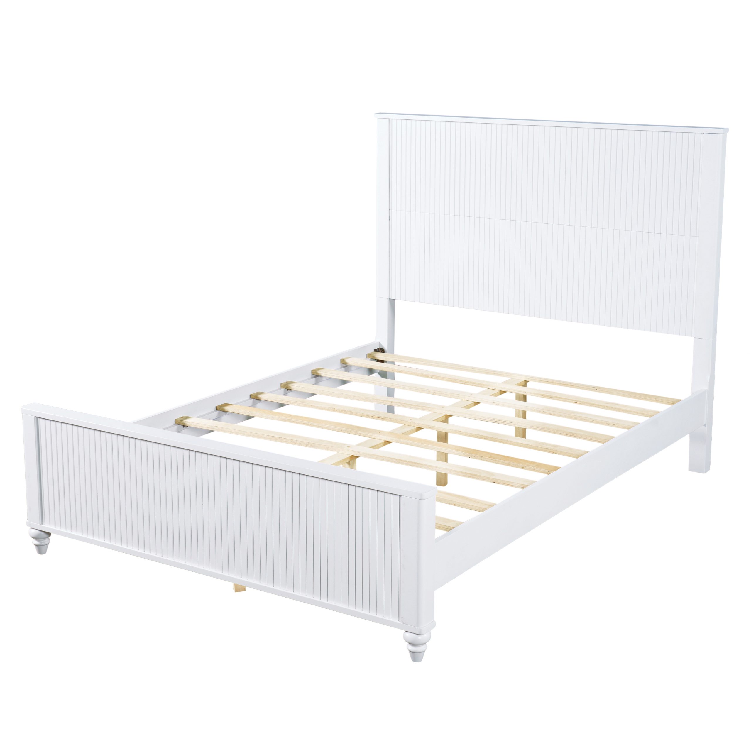 White Queen Size Bed Frame, Solid Wood & MDF, No Box Spring Needed, Classic Design with Grooved Panels - Image 6