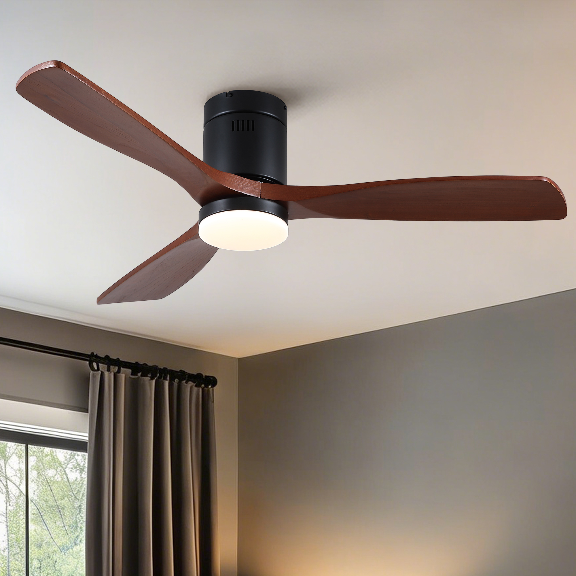 52 inch Mordern Matte Black Farmhouse Retro Solid Wood Low Profile Flush Mount Intergrated LED Ceiling Fan with Light - Image 2