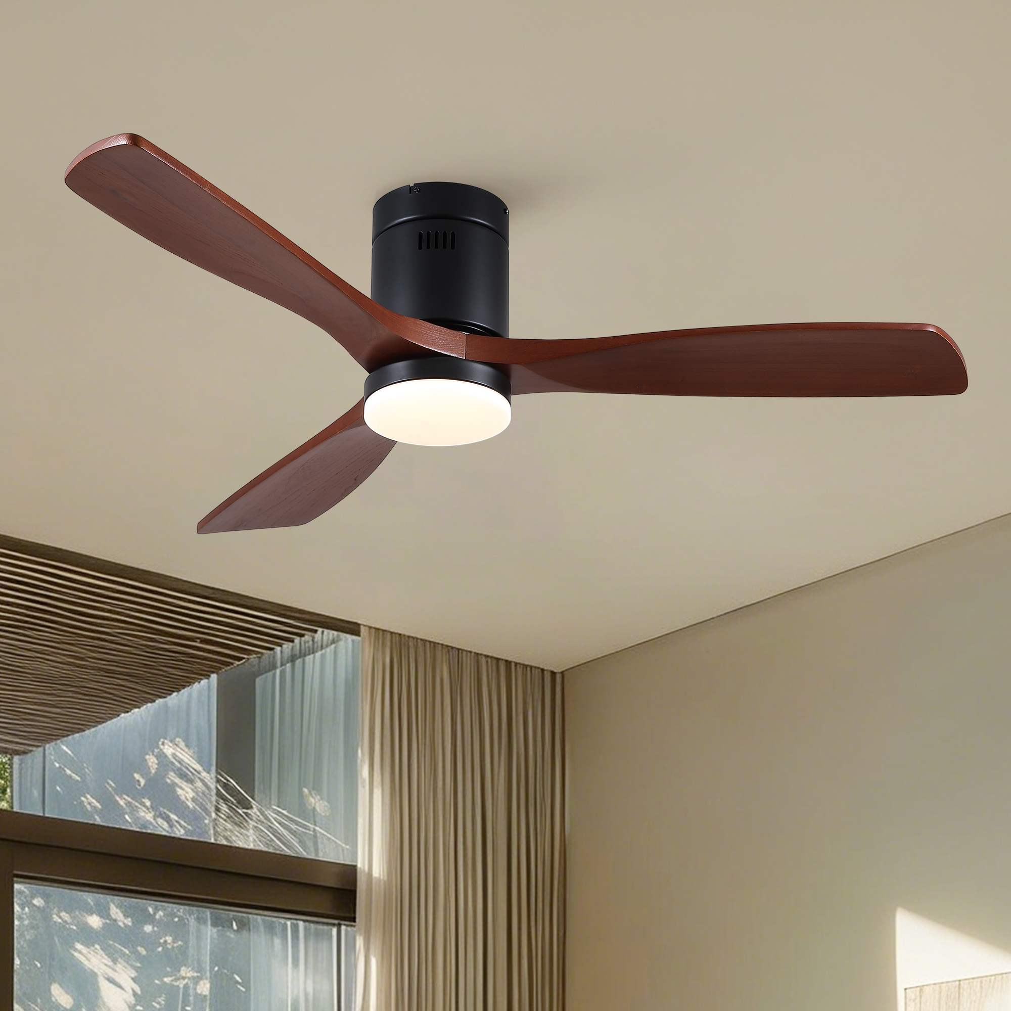 52 inch Mordern Matte Black Farmhouse Retro Solid Wood Low Profile Flush Mount Intergrated LED Ceiling Fan with Light - Image 3