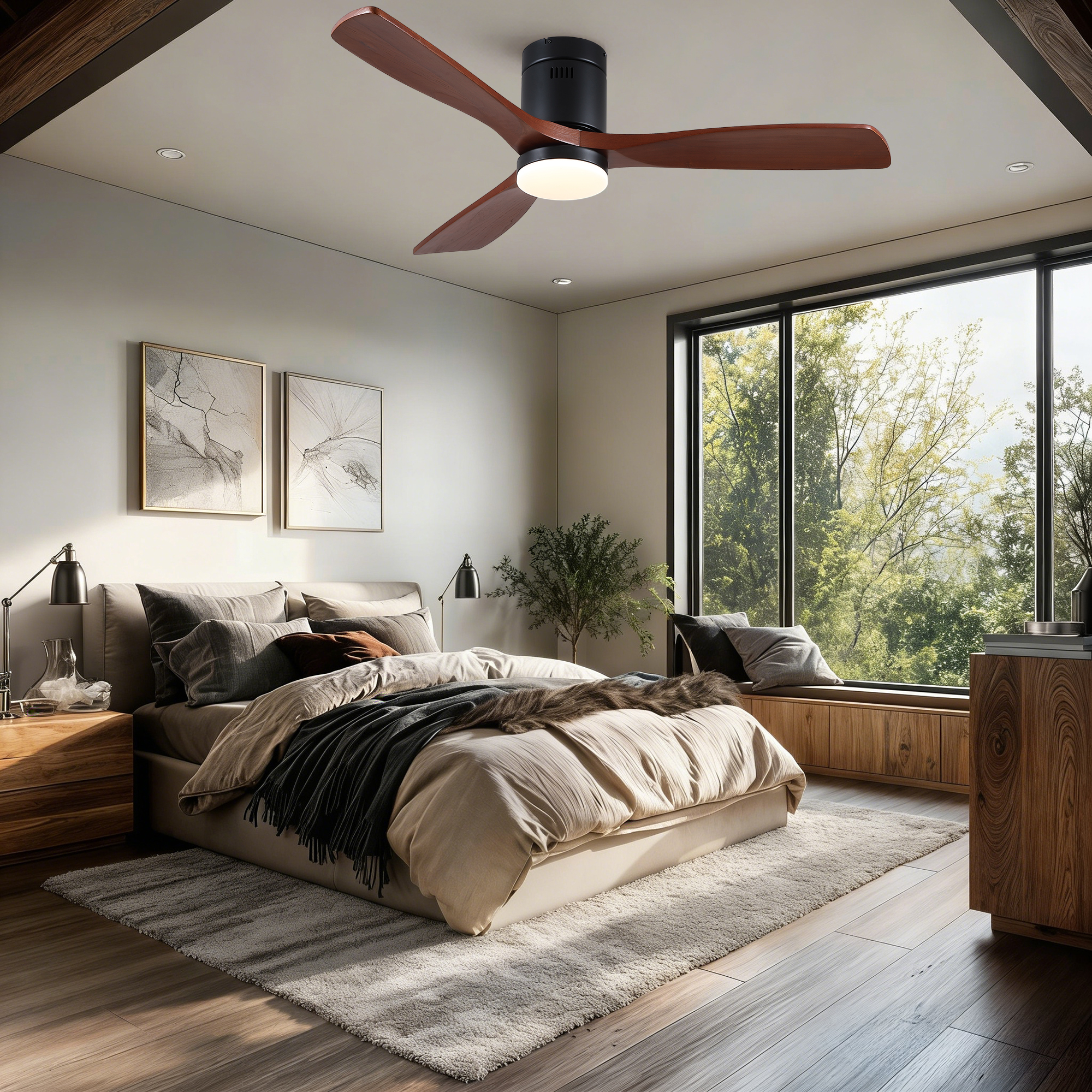 52 inch Mordern Matte Black Farmhouse Retro Solid Wood Low Profile Flush Mount Intergrated LED Ceiling Fan with Light - Image 4