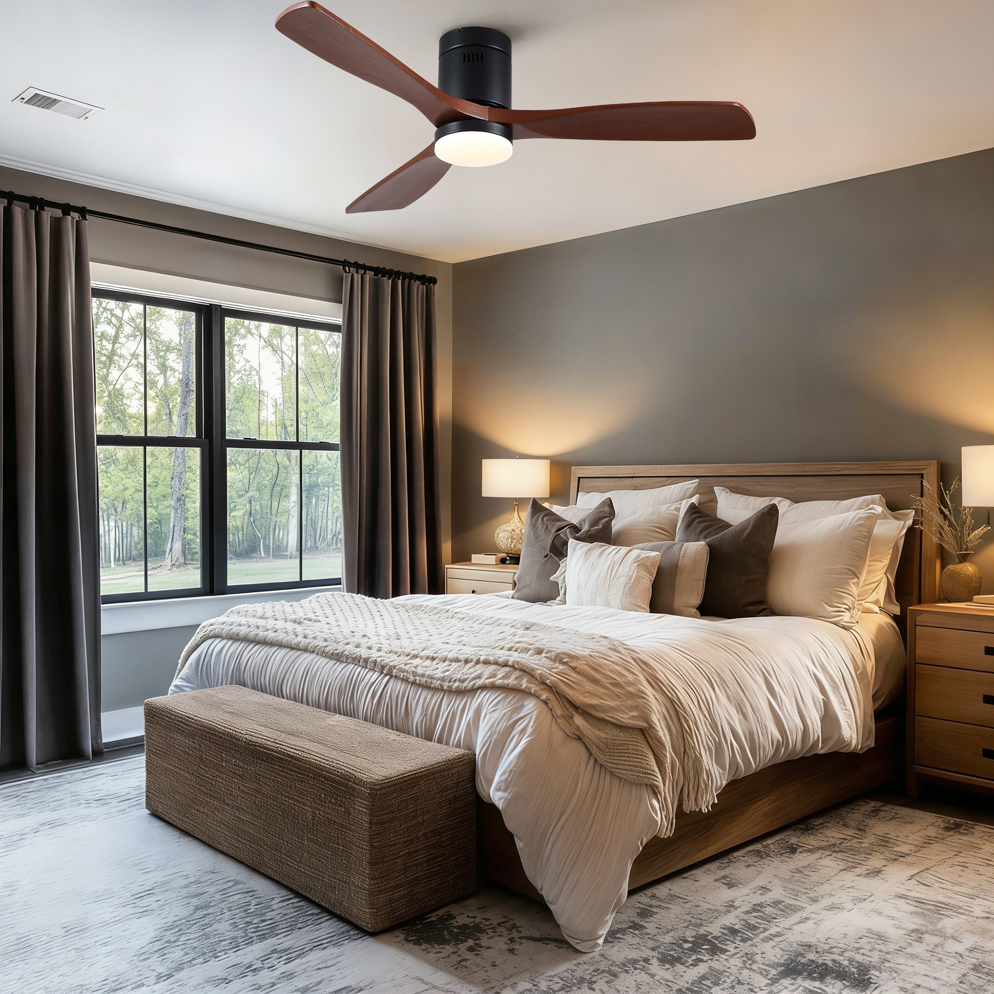 52 inch Mordern Matte Black Farmhouse Retro Solid Wood Low Profile Flush Mount Intergrated LED Ceiling Fan with Light - Image 5