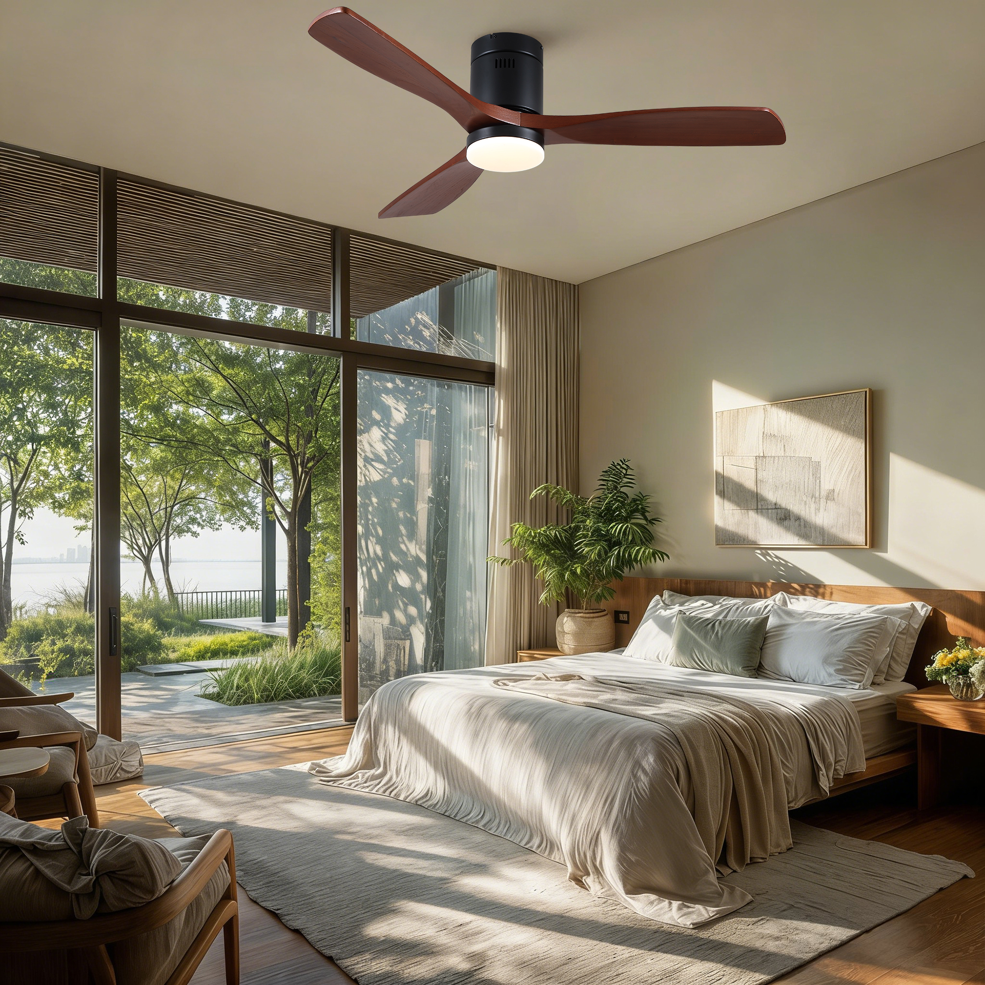 52 inch Mordern Matte Black Farmhouse Retro Solid Wood Low Profile Flush Mount Intergrated LED Ceiling Fan with Light - Image 6