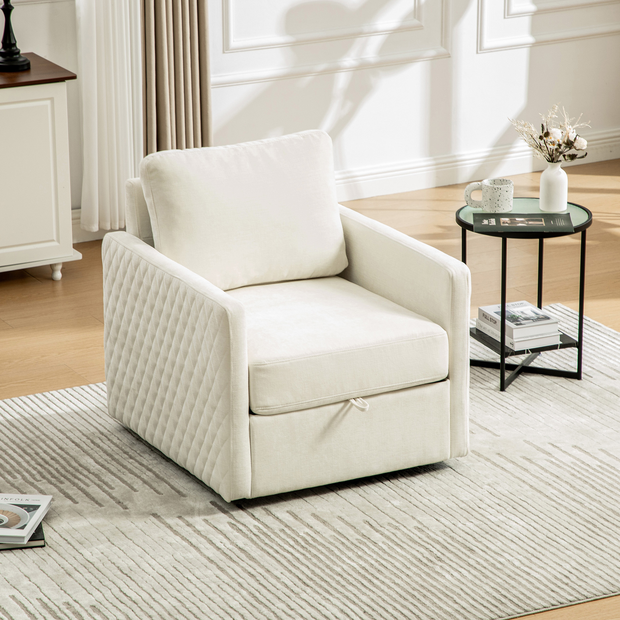 29.5''W Upholstered 360° Swivel Armchair with Hidden Storage, Comfy Diamond-Shape Tufted Armrests Accent Square Club Chair Single Sofa with Pillow for Living Room, Bedroom,Reading Nook,Corner, Beige - Image 2