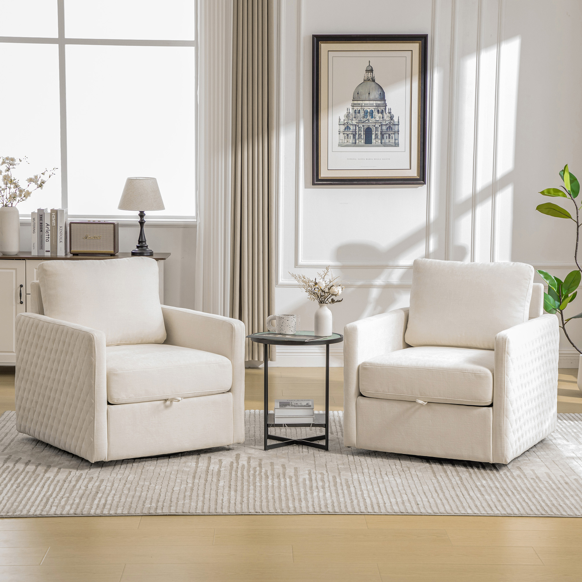 29.5''W Upholstered 360° Swivel Armchair with Hidden Storage, Comfy Diamond-Shape Tufted Armrests Accent Square Club Chair Single Sofa with Pillow for Living Room, Bedroom,Reading Nook,Corner, Beige - Image 3