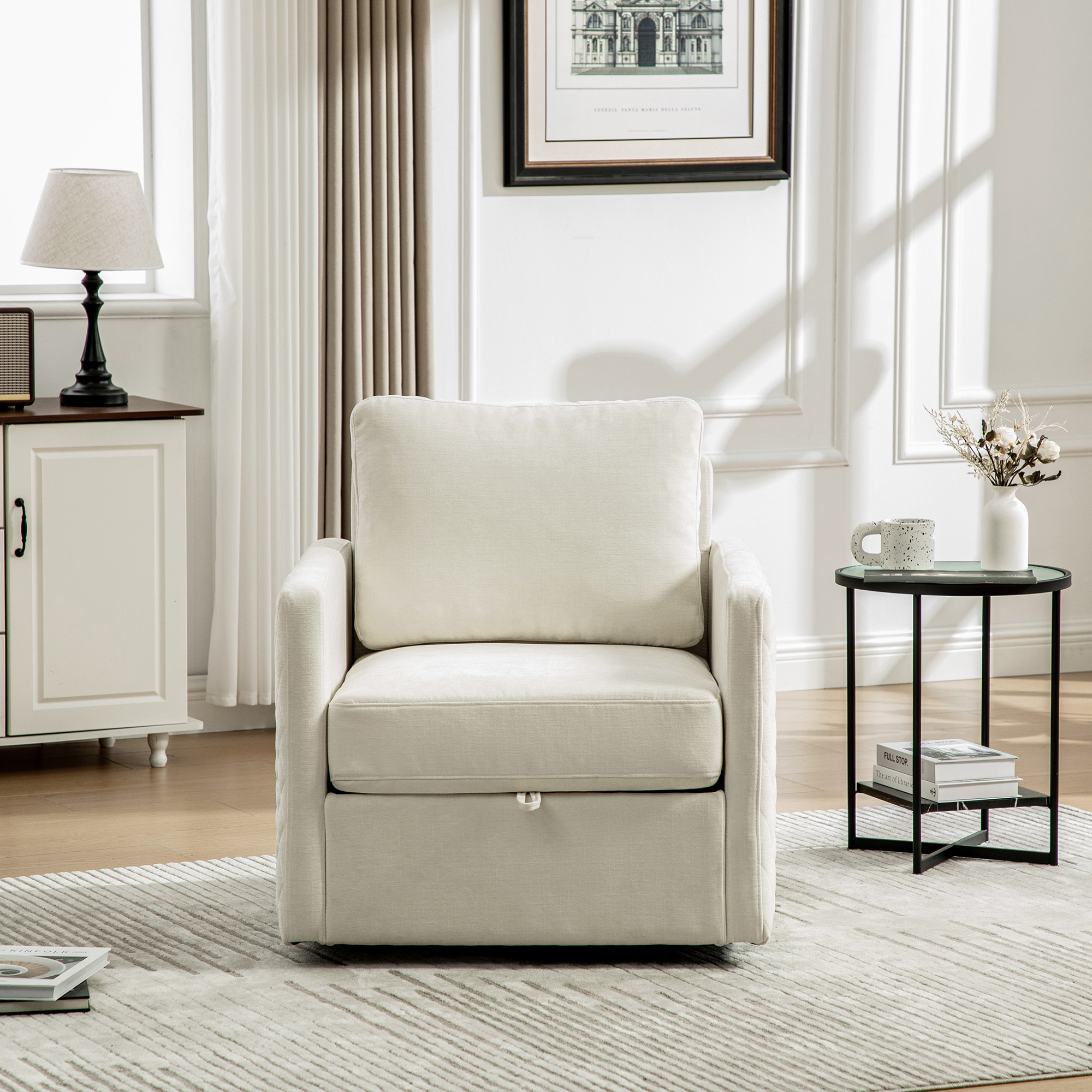 29.5''W Upholstered 360° Swivel Armchair with Hidden Storage, Comfy Diamond-Shape Tufted Armrests Accent Square Club Chair Single Sofa with Pillow for Living Room, Bedroom,Reading Nook,Corner, Beige - Image 4