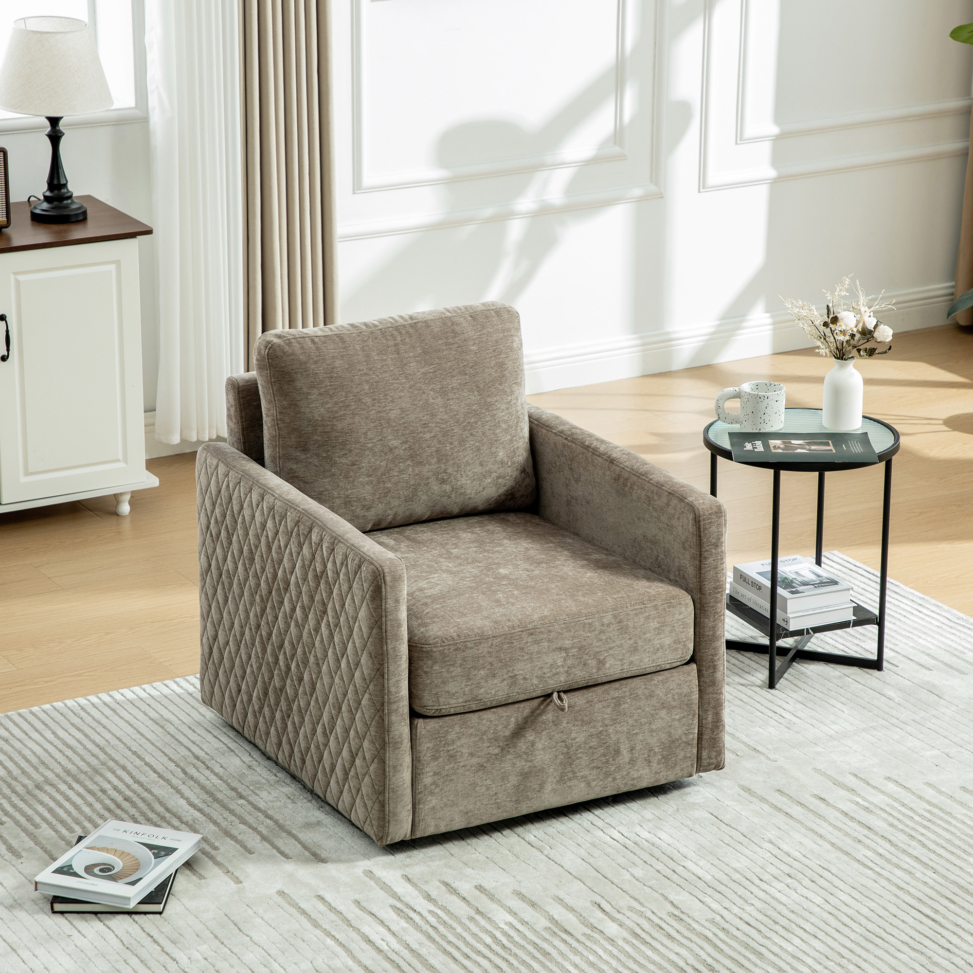 29.5''W Upholstered 360° Swivel Armchair with Hidden Storage, Comfy Diamond-Shape Tufted Armrests Accent Square Club Chair Single Sofa with Pillow for Living Room, Bedroom,Reading Nook,Corner, Taupe - Image 2