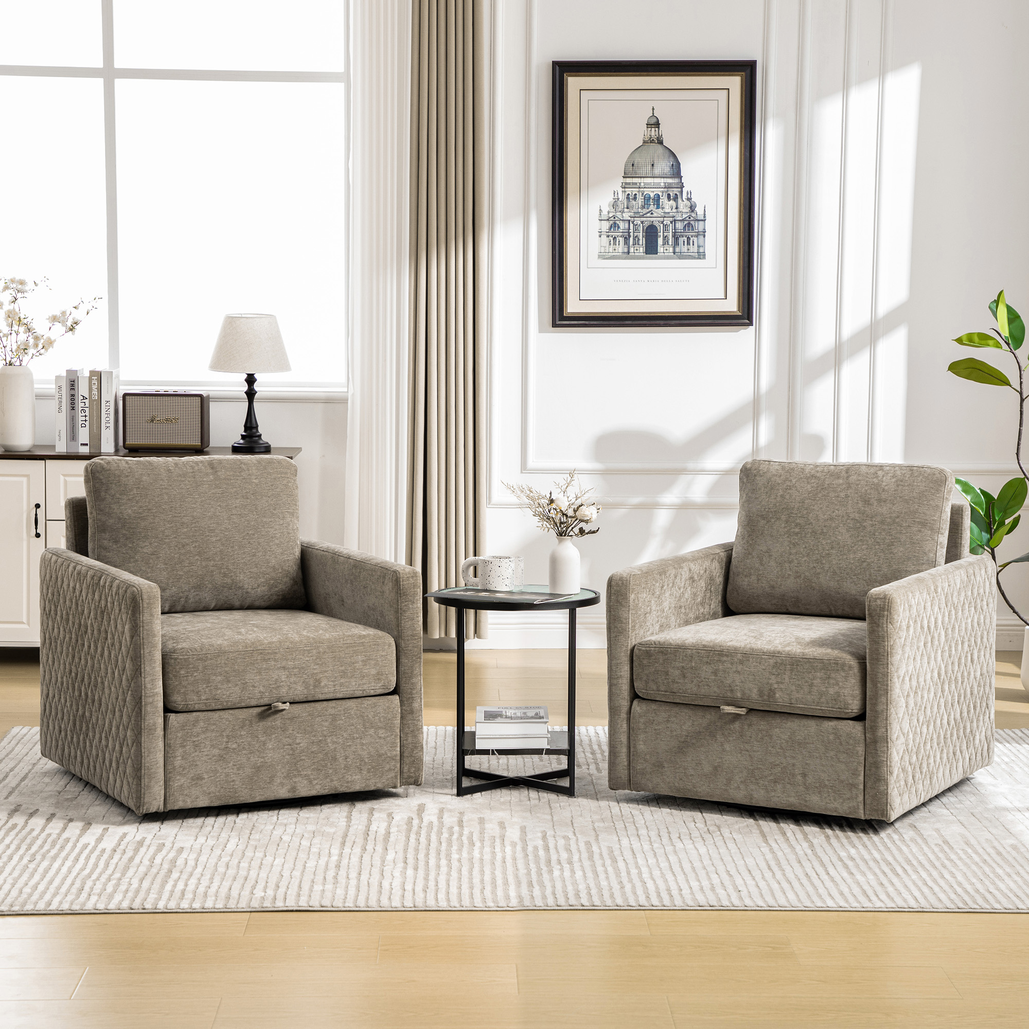 29.5''W Upholstered 360° Swivel Armchair with Hidden Storage, Comfy Diamond-Shape Tufted Armrests Accent Square Club Chair Single Sofa with Pillow for Living Room, Bedroom,Reading Nook,Corner, Taupe - Image 3