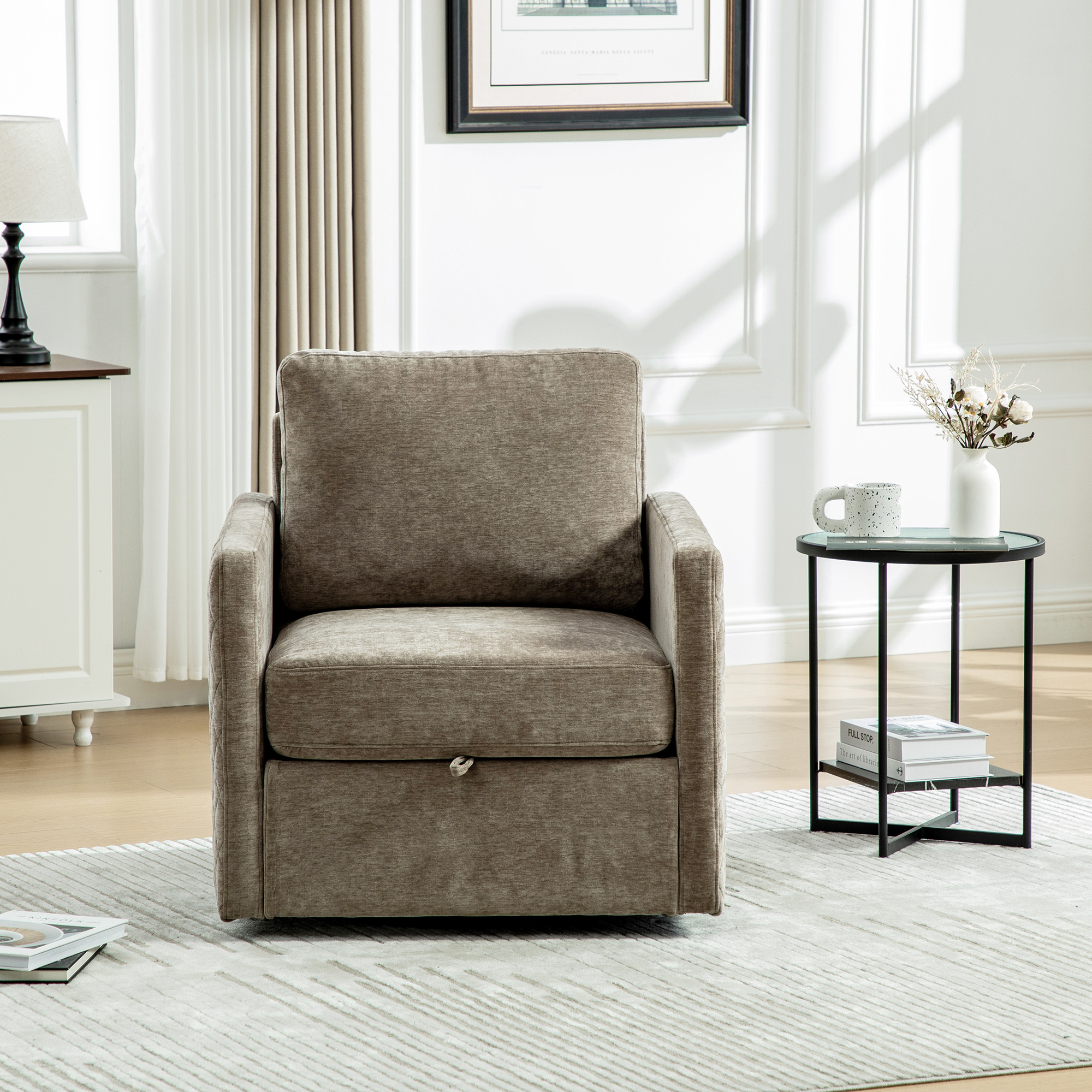 29.5''W Upholstered 360° Swivel Armchair with Hidden Storage, Comfy Diamond-Shape Tufted Armrests Accent Square Club Chair Single Sofa with Pillow for Living Room, Bedroom,Reading Nook,Corner, Taupe - Image 4