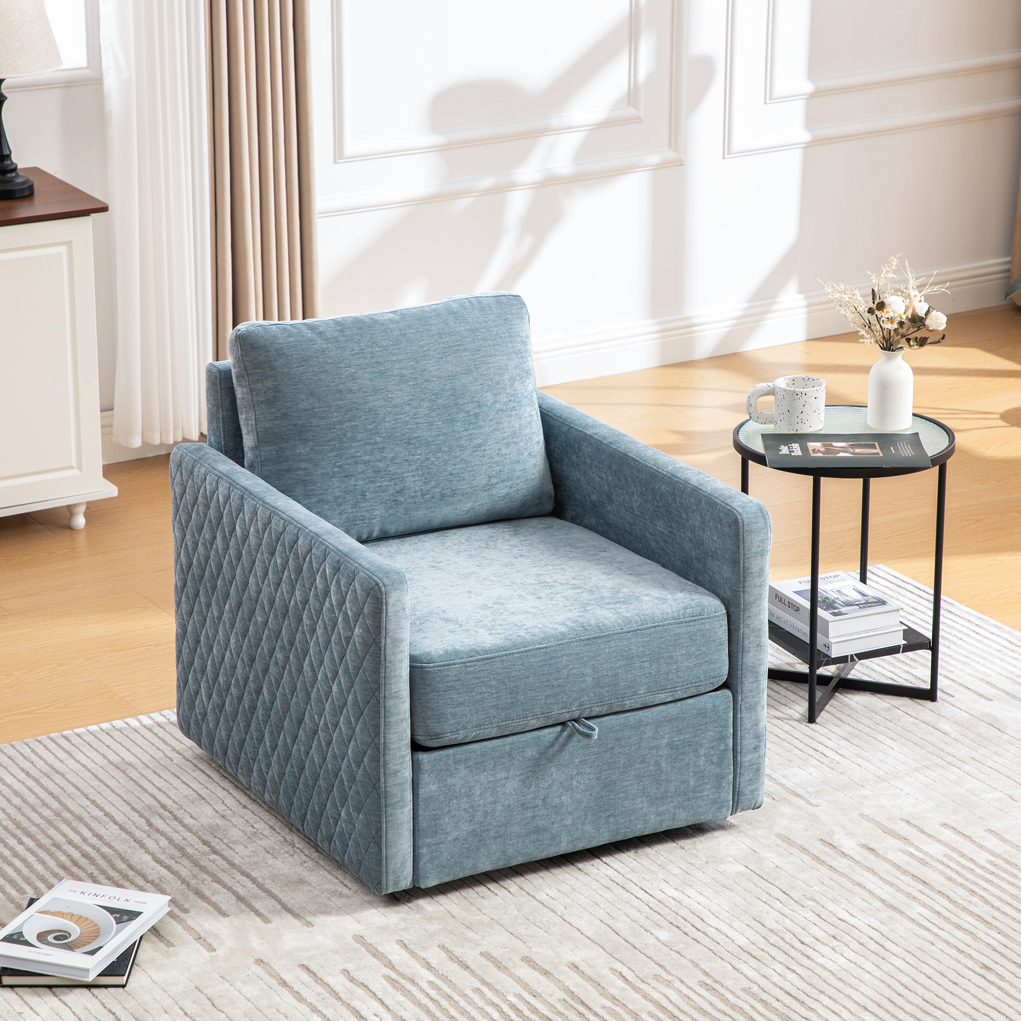 29.5''W Upholstered 360° Swivel Armchair with Hidden Storage, Comfy Diamond-Shape Tufted Armrests Accent Square Club Chair Single Sofa with Pillow for Living Room, Bedroom,Reading Nook,Corner, Blue - Image 2