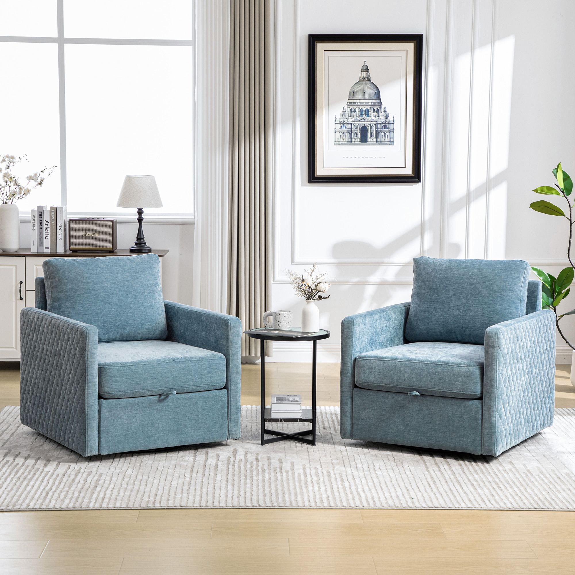 29.5''W Upholstered 360° Swivel Armchair with Hidden Storage, Comfy Diamond-Shape Tufted Armrests Accent Square Club Chair Single Sofa with Pillow for Living Room, Bedroom,Reading Nook,Corner, Blue - Image 3
