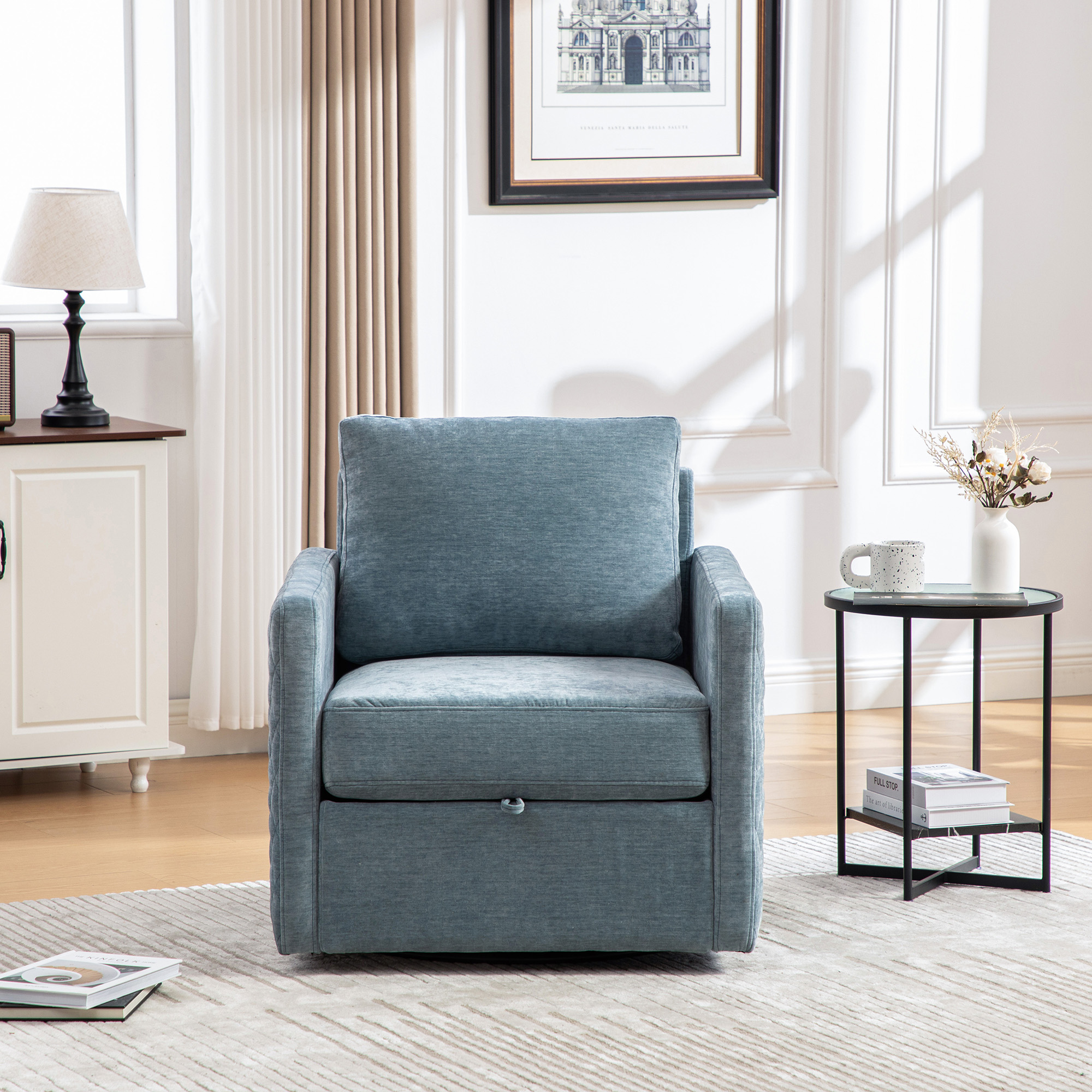 29.5''W Upholstered 360° Swivel Armchair with Hidden Storage, Comfy Diamond-Shape Tufted Armrests Accent Square Club Chair Single Sofa with Pillow for Living Room, Bedroom,Reading Nook,Corner, Blue - Image 4