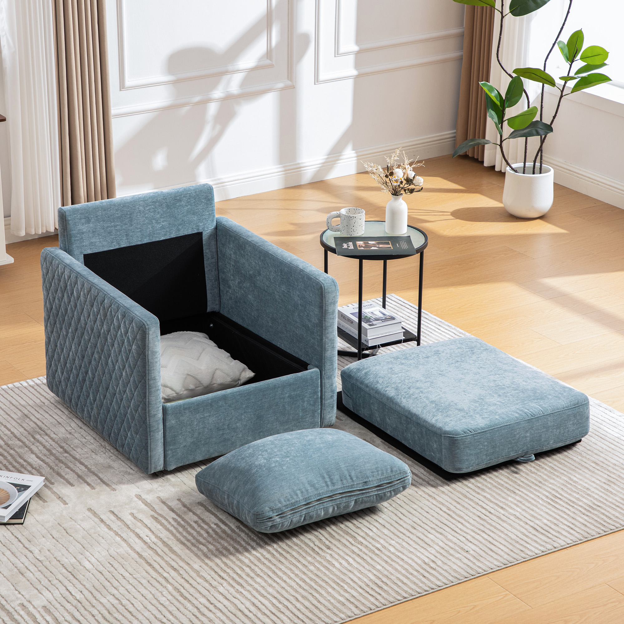 29.5''W Upholstered 360° Swivel Armchair with Hidden Storage, Comfy Diamond-Shape Tufted Armrests Accent Square Club Chair Single Sofa with Pillow for Living Room, Bedroom,Reading Nook,Corner, Blue - Image 6