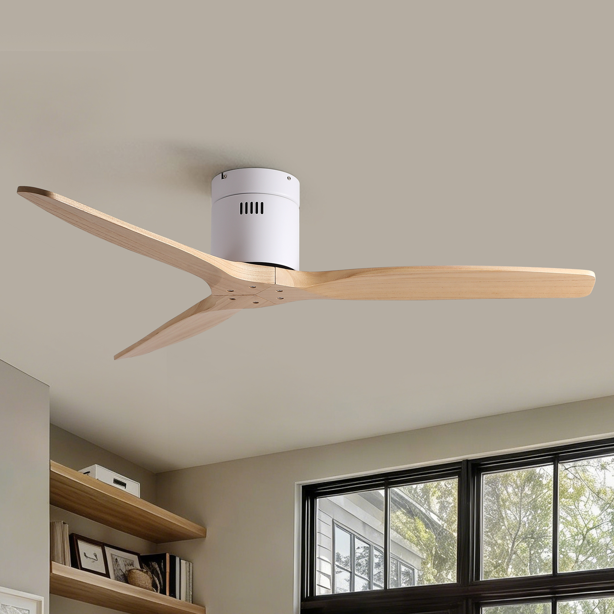 52 inch American Mordern Cozy Vibrant Natural Style Solid Wood Low Profile Flush Ceiling Fan without Light - Image 2