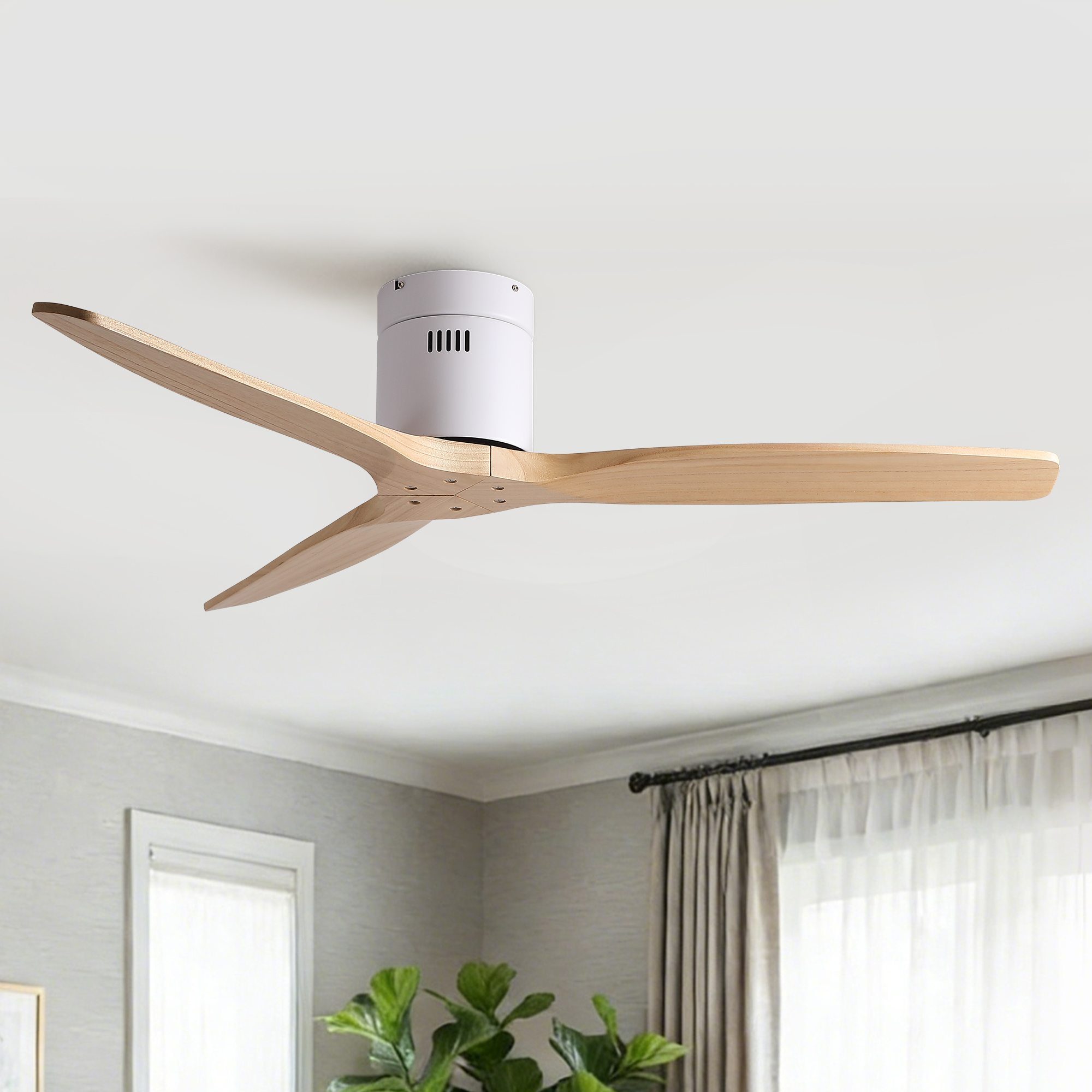 52 inch American Mordern Cozy Vibrant Natural Style Solid Wood Low Profile Flush Ceiling Fan without Light - Image 3