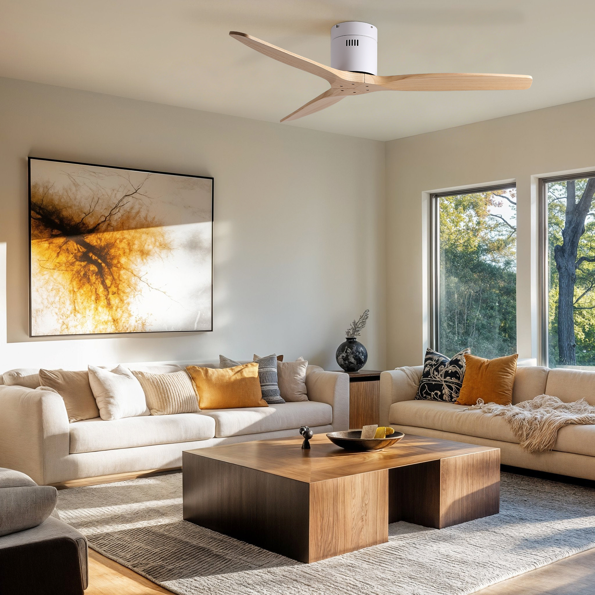 52 inch American Mordern Cozy Vibrant Natural Style Solid Wood Low Profile Flush Ceiling Fan without Light - Image 4