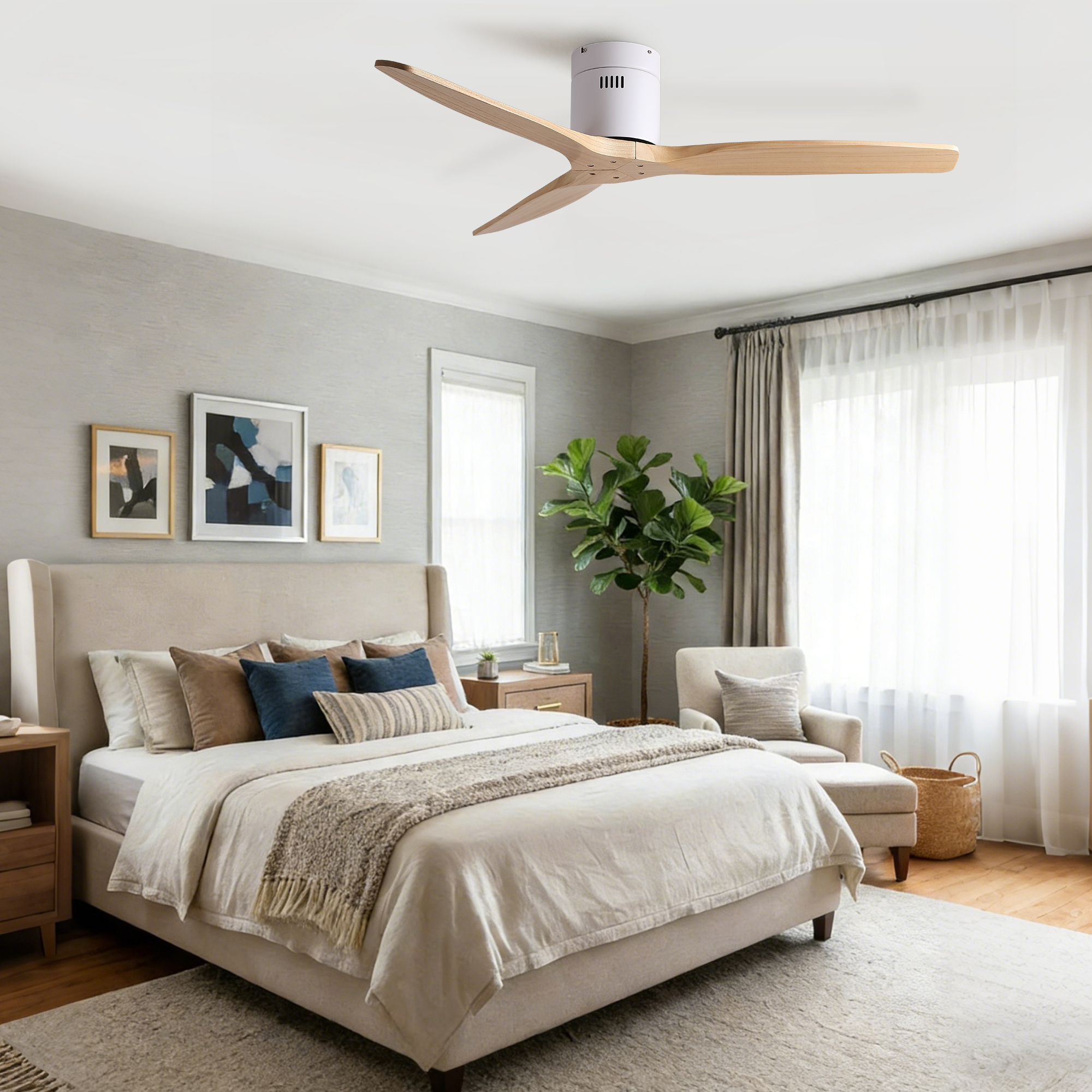 52 inch American Mordern Cozy Vibrant Natural Style Solid Wood Low Profile Flush Ceiling Fan without Light - Image 6