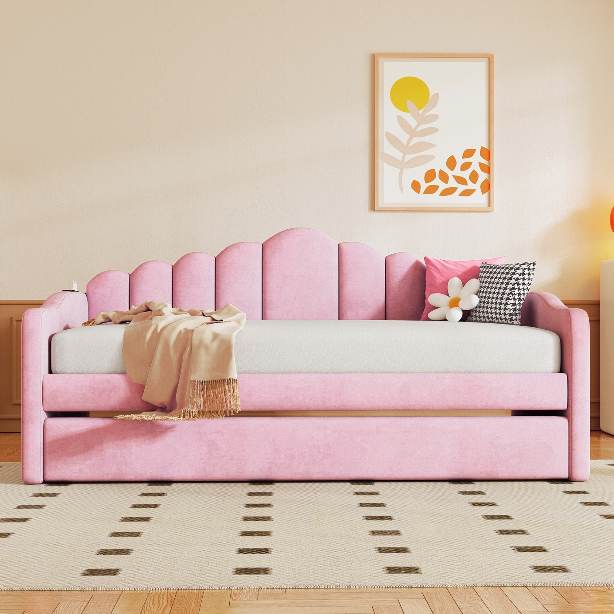 Twin size Upholstered Daybed with Trundle ,Velvet Sofabed with USB Charging Ports,No Box-spring Needed,Pink(Old SKU HL000067AAH) - Image 3