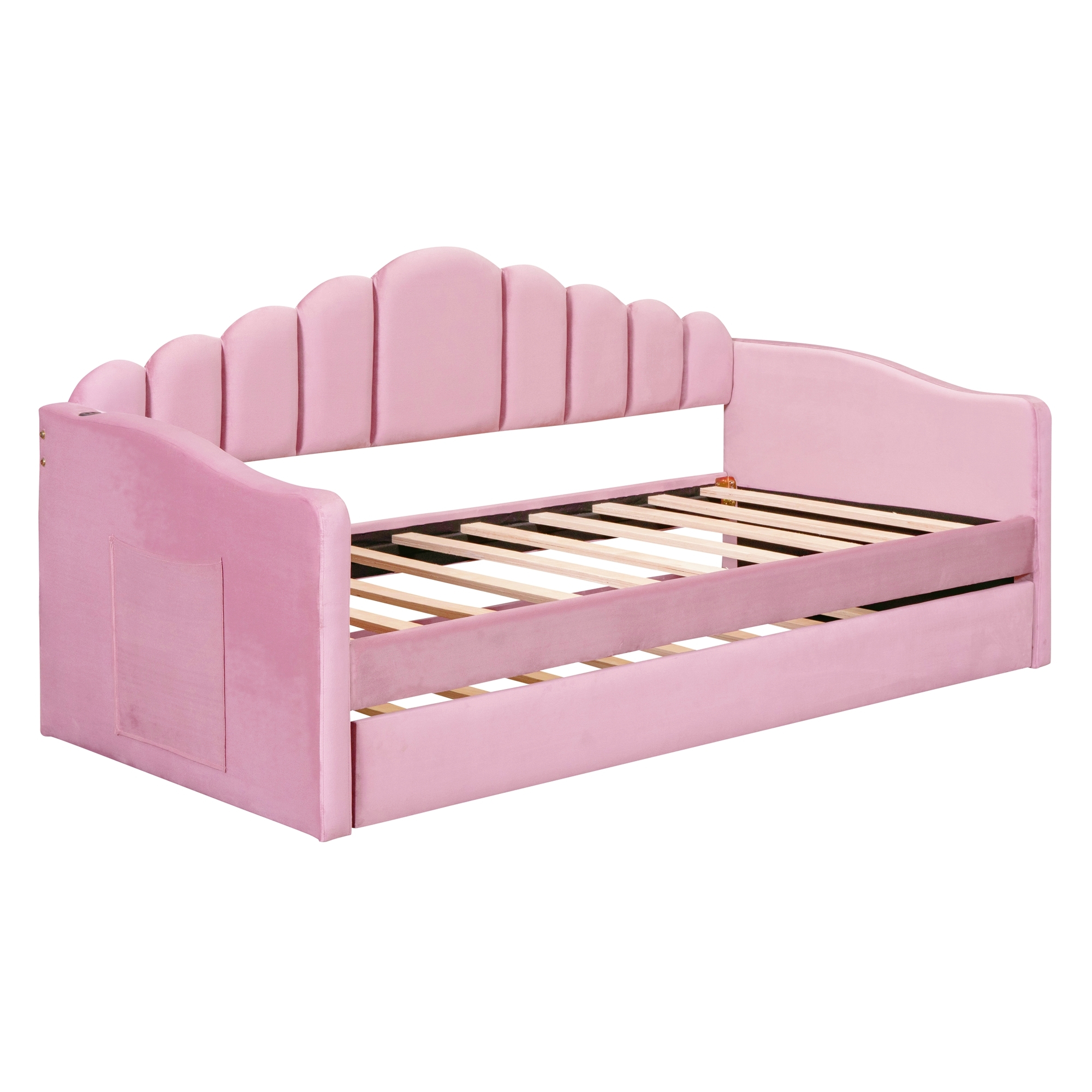 Twin size Upholstered Daybed with Trundle ,Velvet Sofabed with USB Charging Ports,No Box-spring Needed,Pink(Old SKU HL000067AAH) - Image 4