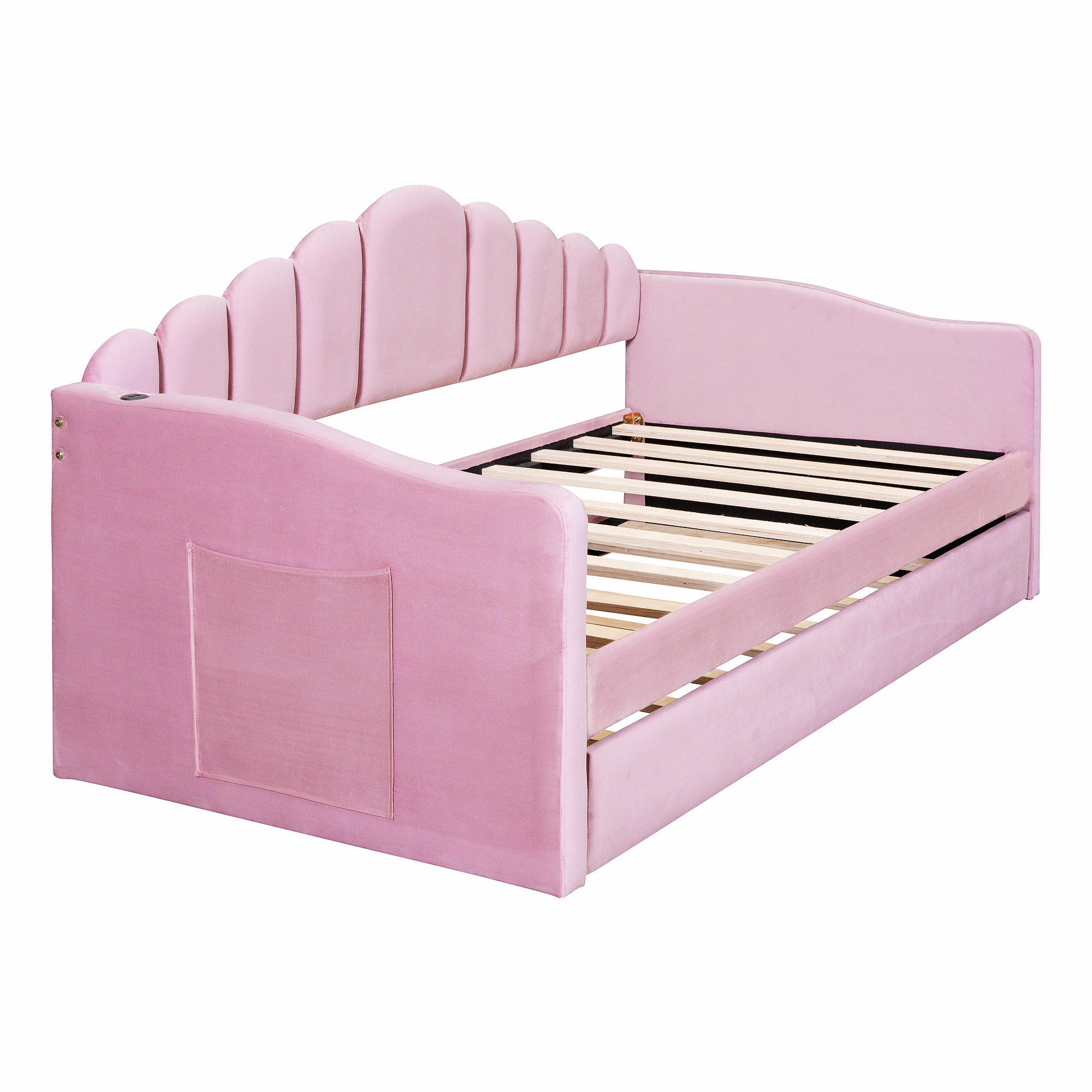 Twin size Upholstered Daybed with Trundle ,Velvet Sofabed with USB Charging Ports,No Box-spring Needed,Pink(Old SKU HL000067AAH) - Image 6