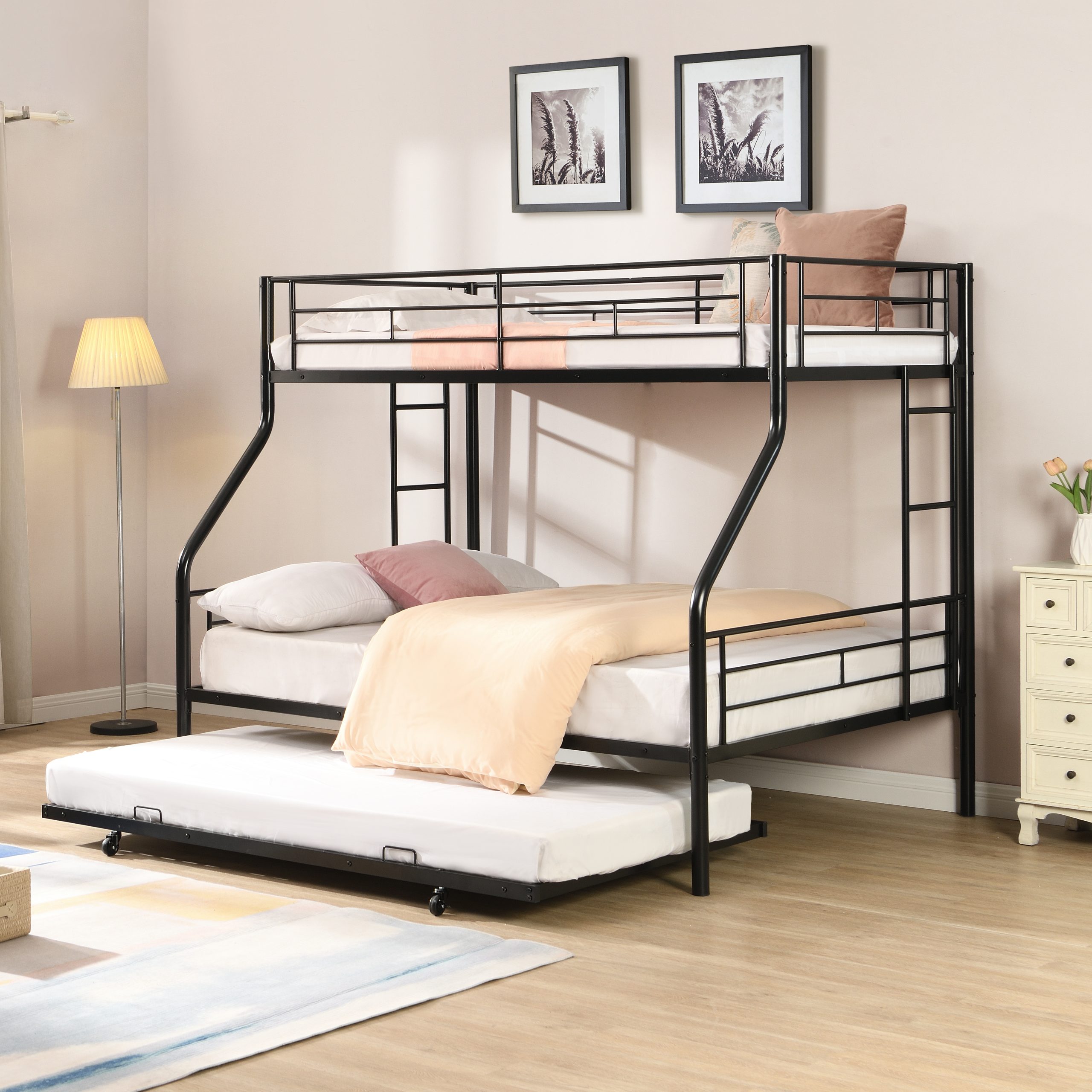 Twin Over Full with trundle Metal Bunk Bed , No Box Spring Needed, Easy Assemble - Image 1