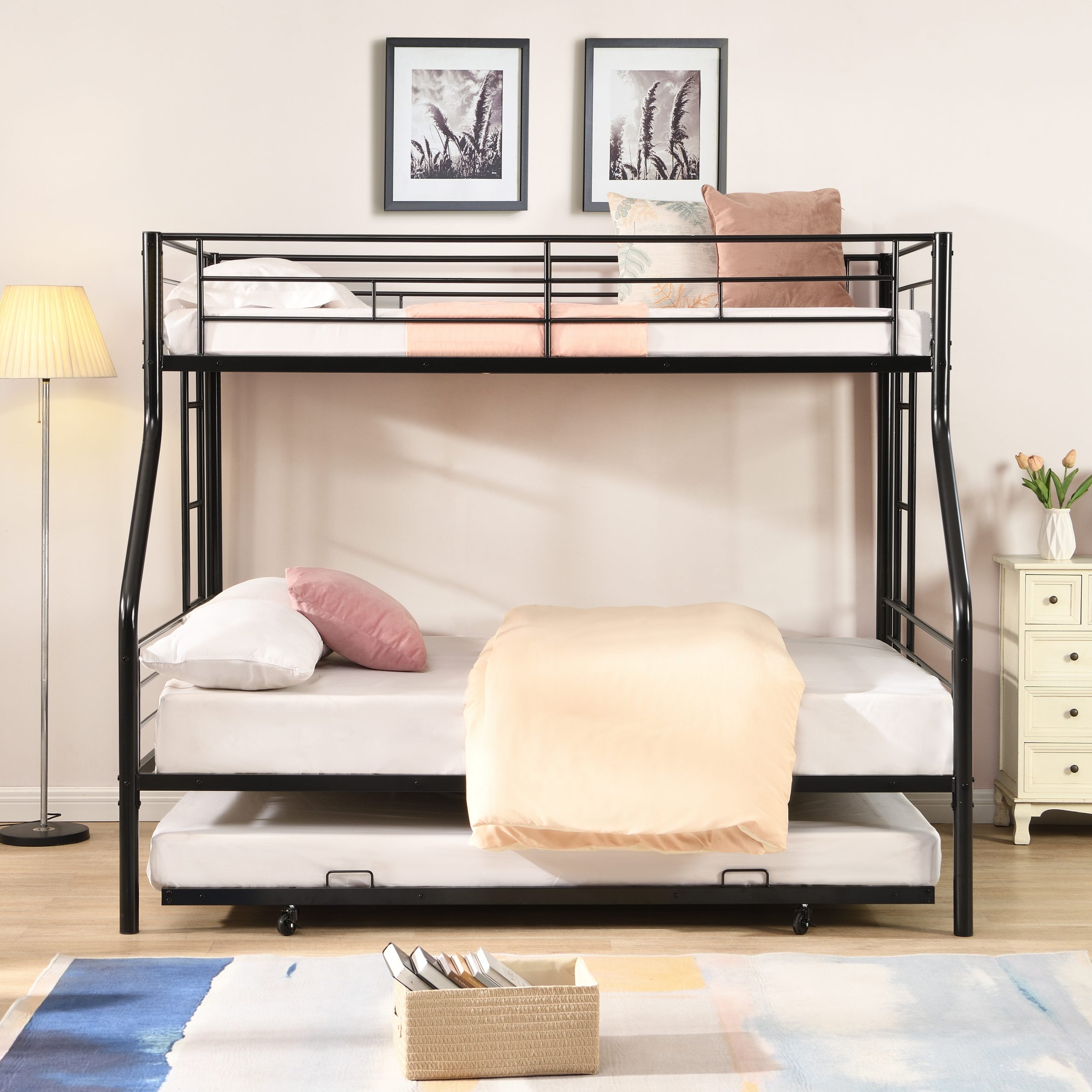 Twin Over Full with trundle Metal Bunk Bed , No Box Spring Needed, Easy Assemble - Image 2