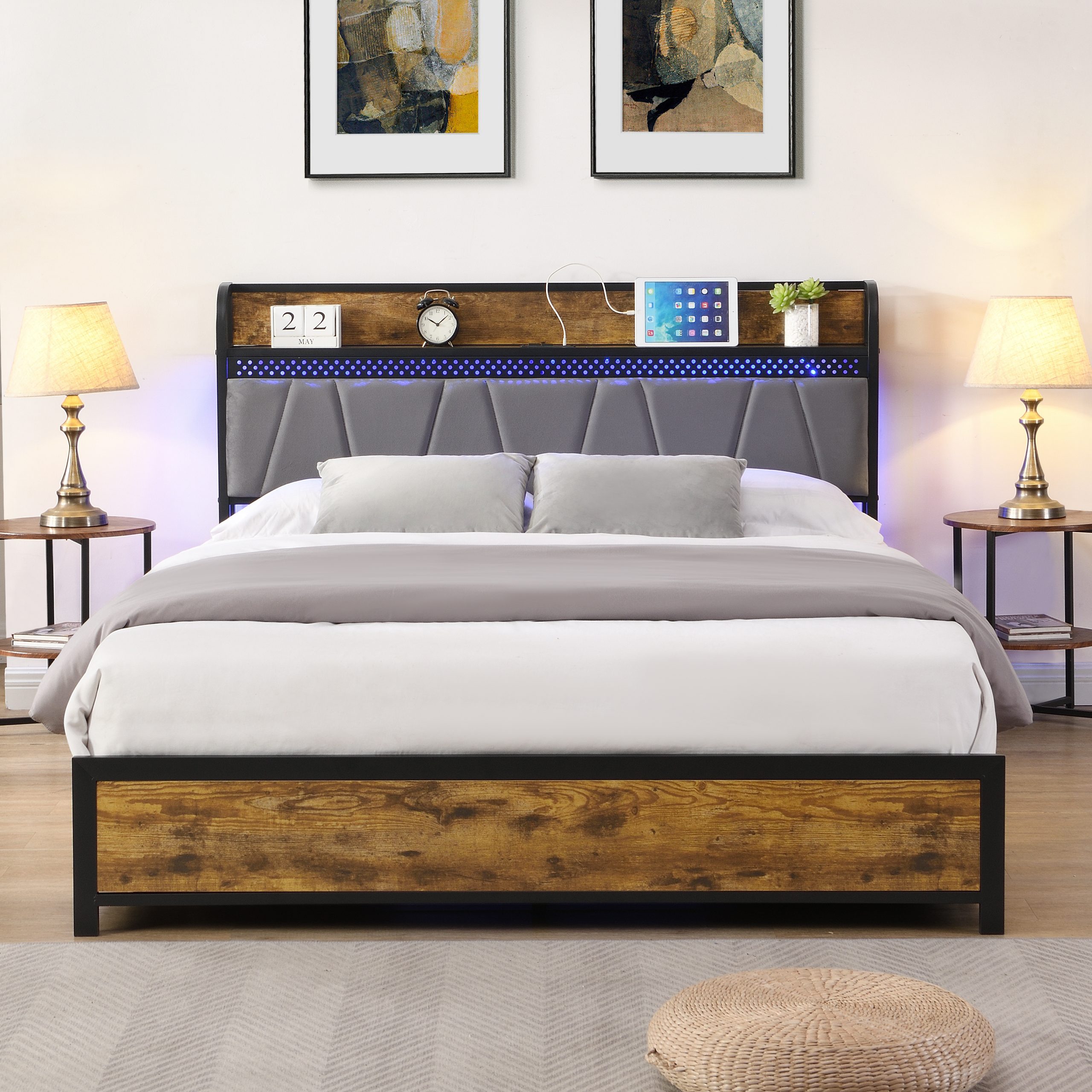 Queen Size Bed Frame, Storage Headboard with Charging Station and 4 Storage Drawers,LED Lights , Brown and Gray - Image 2