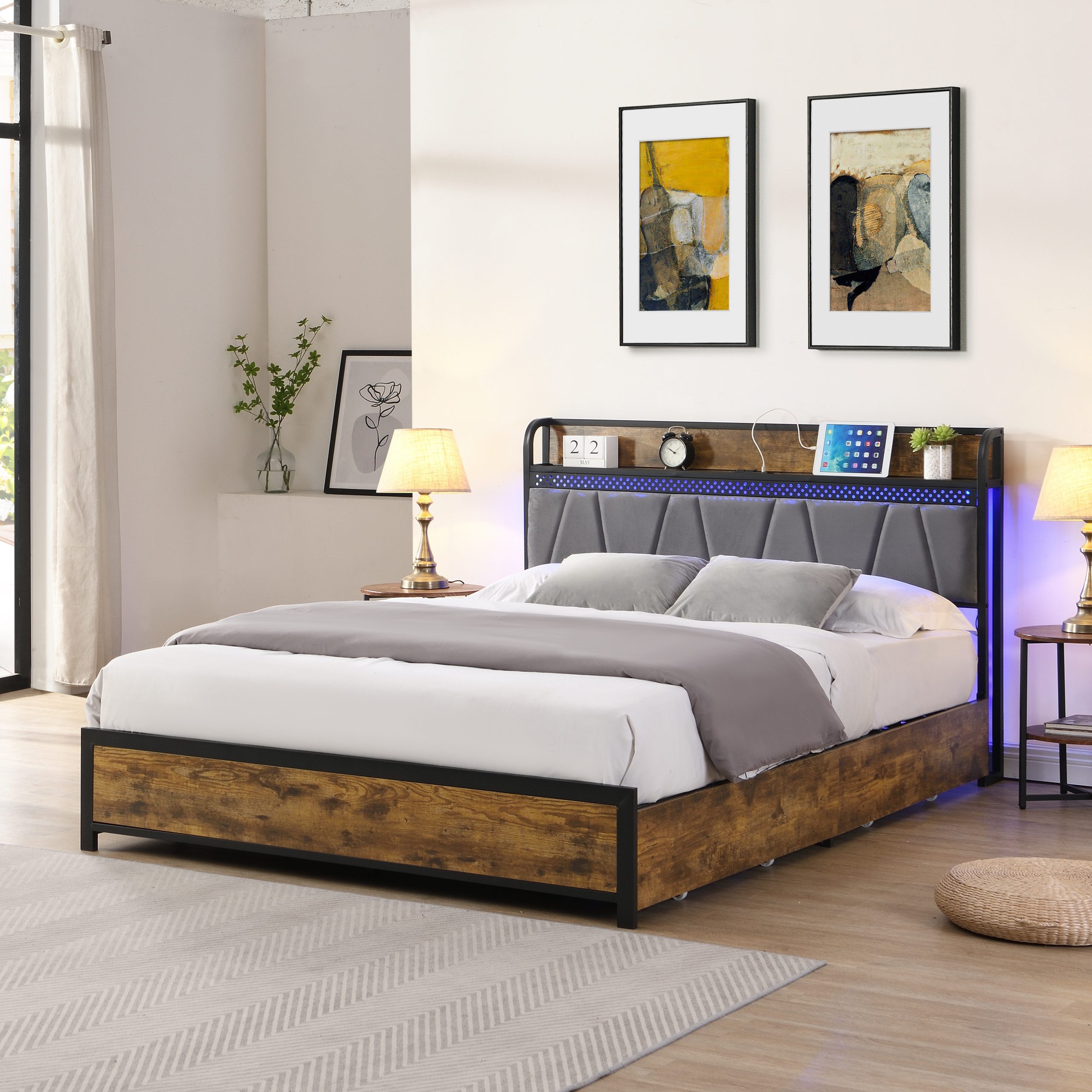 Queen Size Bed Frame, Storage Headboard with Charging Station and 4 Storage Drawers,LED Lights , Brown and Gray - Image 3