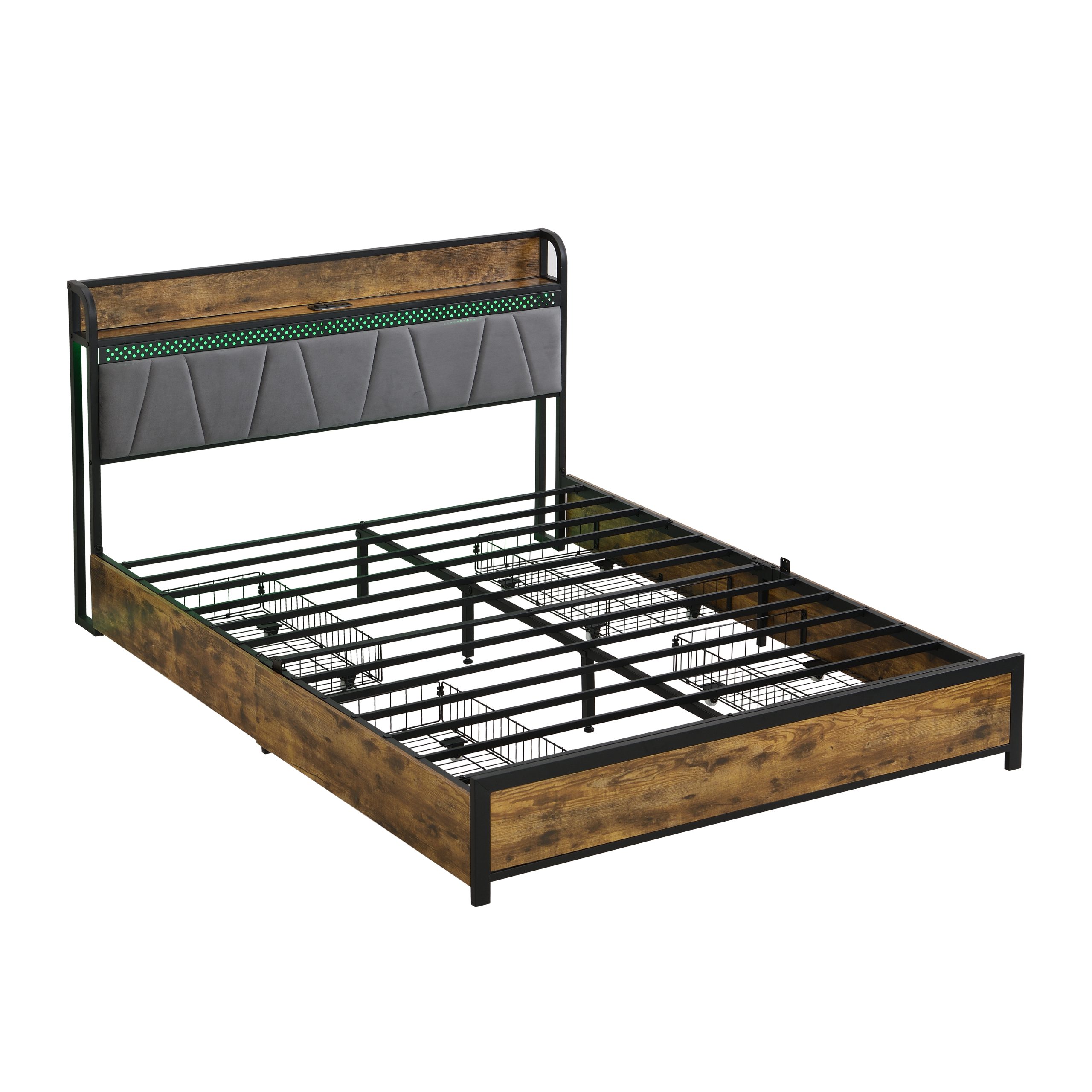 Queen Size Bed Frame, Storage Headboard with Charging Station and 4 Storage Drawers,LED Lights , Brown and Gray - Image 6
