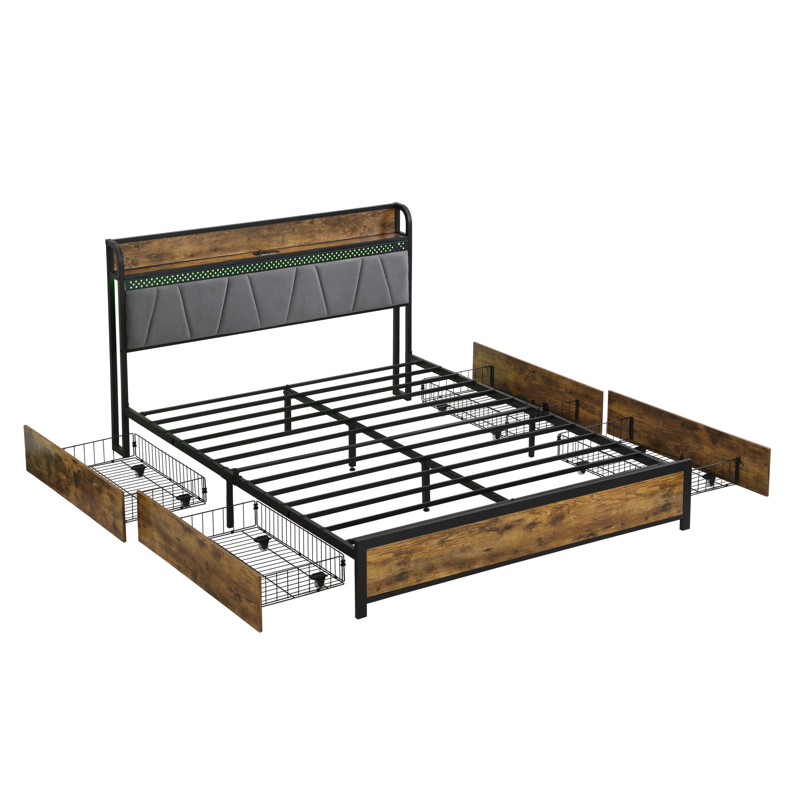 Full Size Bed Frame, Storage Headboard with Charging Station and 4 Storage Drawers,LED Lights , Brown and Gray - Image 5