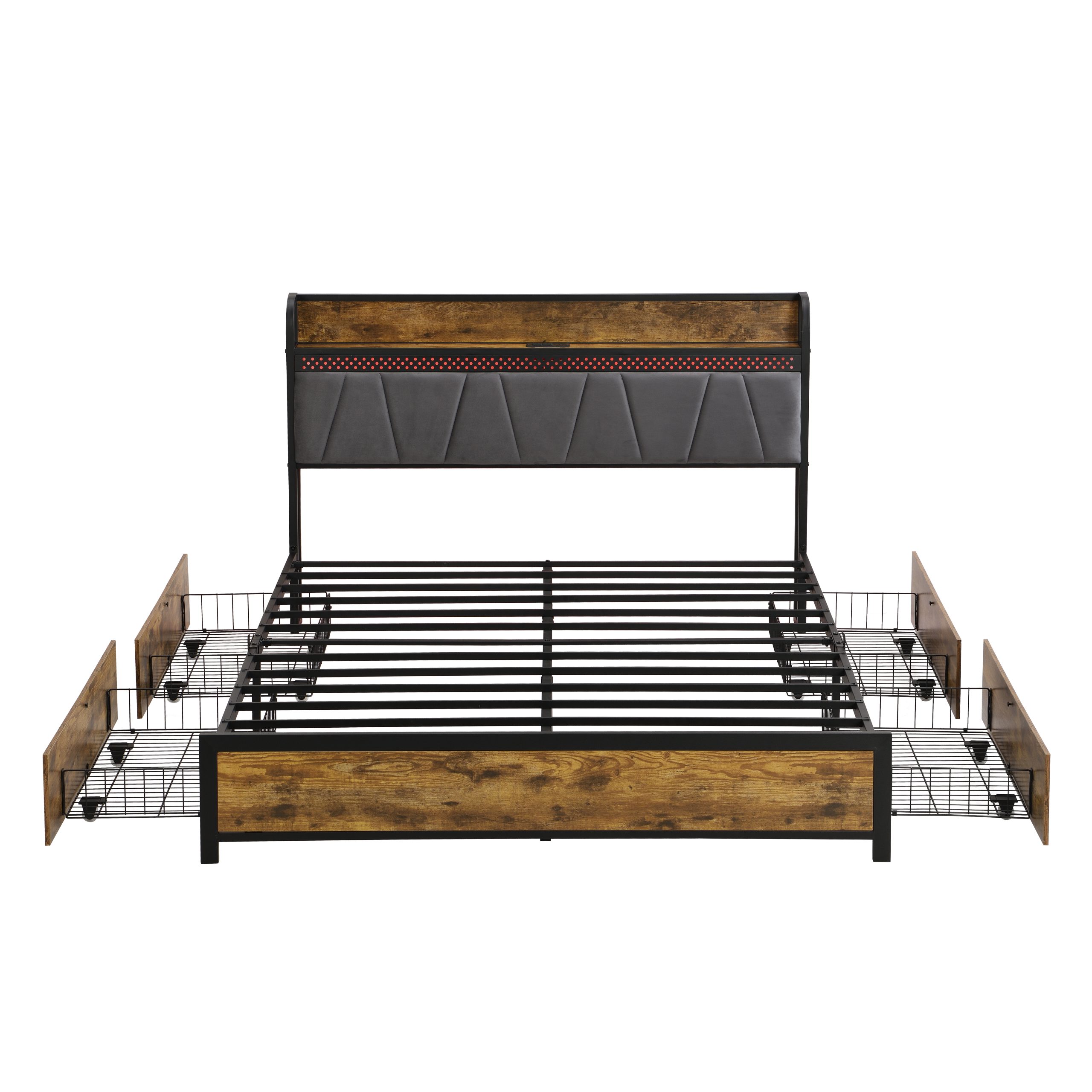 Full Size Bed Frame, Storage Headboard with Charging Station and 4 Storage Drawers,LED Lights , Brown and Gray - Image 6