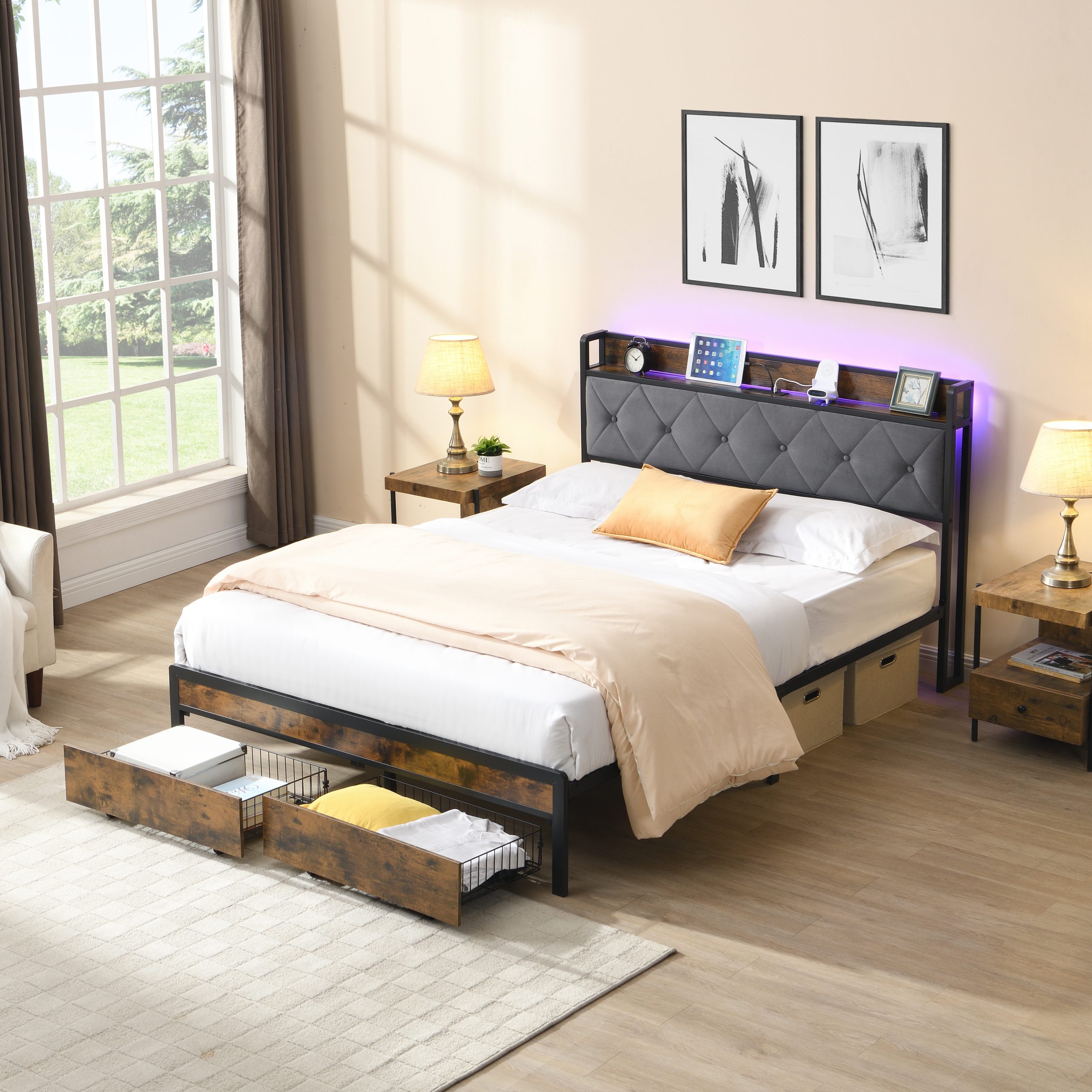 Full Bed Frame with Storage, Bed Frame with LED Lights Upholstered Headboard and 2 Drawers, USB & Charging Station, No Box Spring Needed, Easy Assembly, Grey F