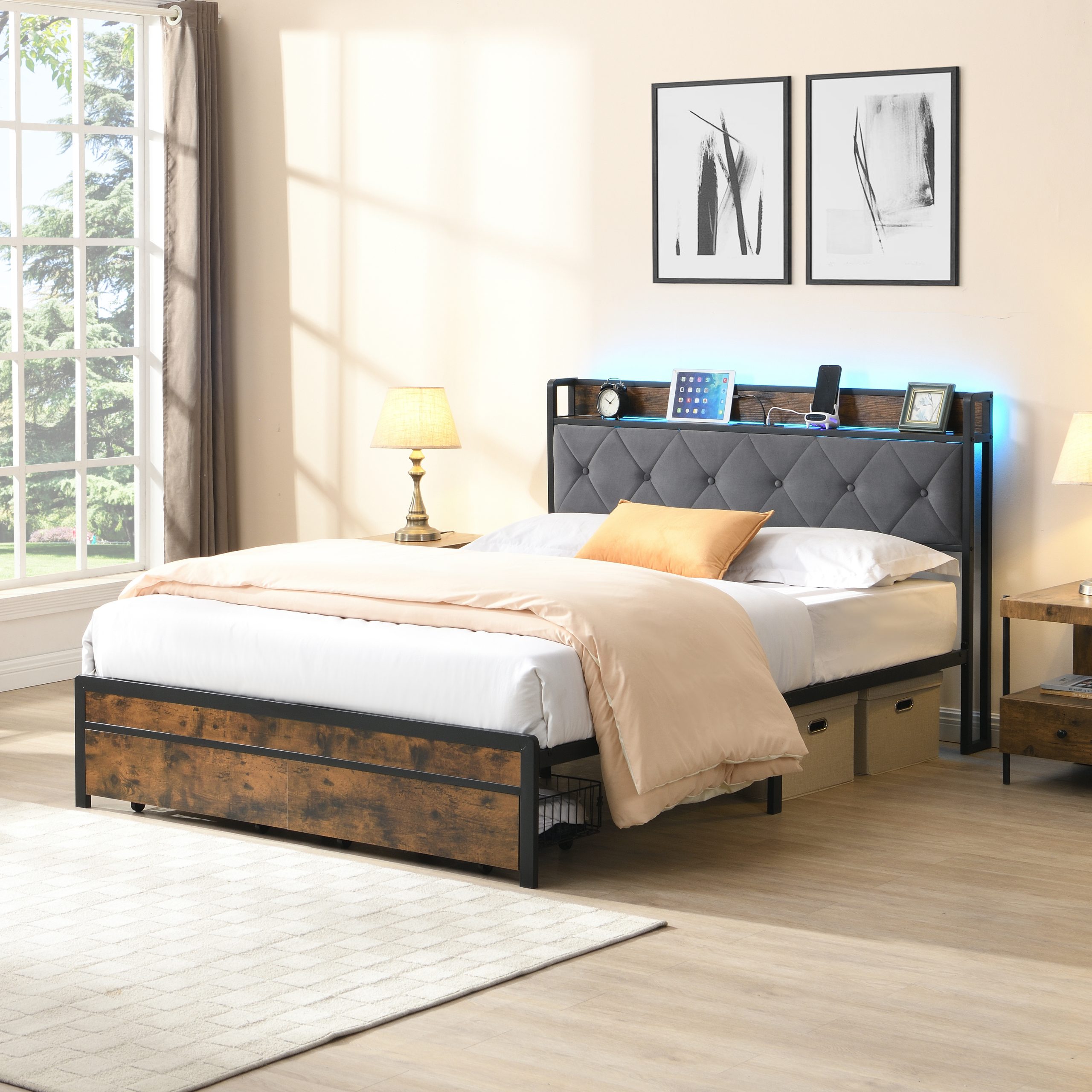 Full Bed Frame with Storage, Bed Frame with LED Lights Upholstered Headboard and 2 Drawers, USB & Charging Station, No Box Spring Needed, Easy Assembly, Grey F - Image 2
