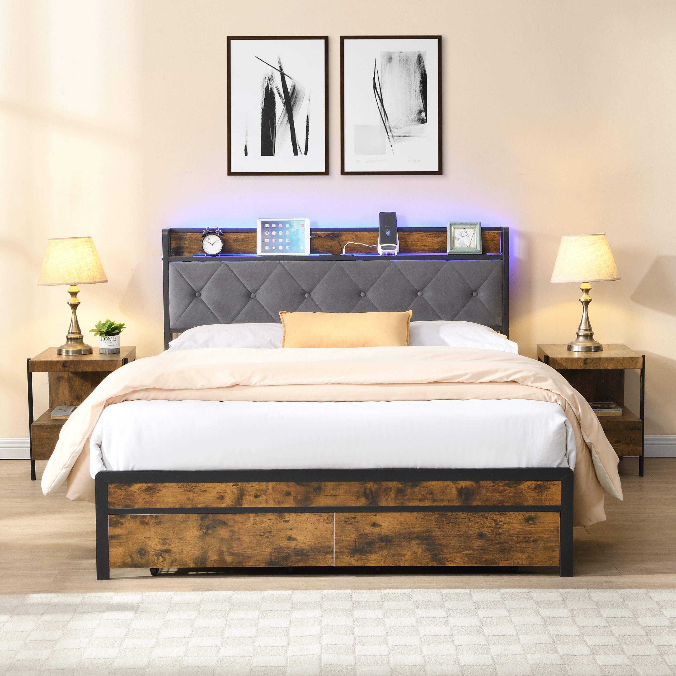 Full Bed Frame with Storage, Bed Frame with LED Lights Upholstered Headboard and 2 Drawers, USB & Charging Station, No Box Spring Needed, Easy Assembly, Grey F - Image 3